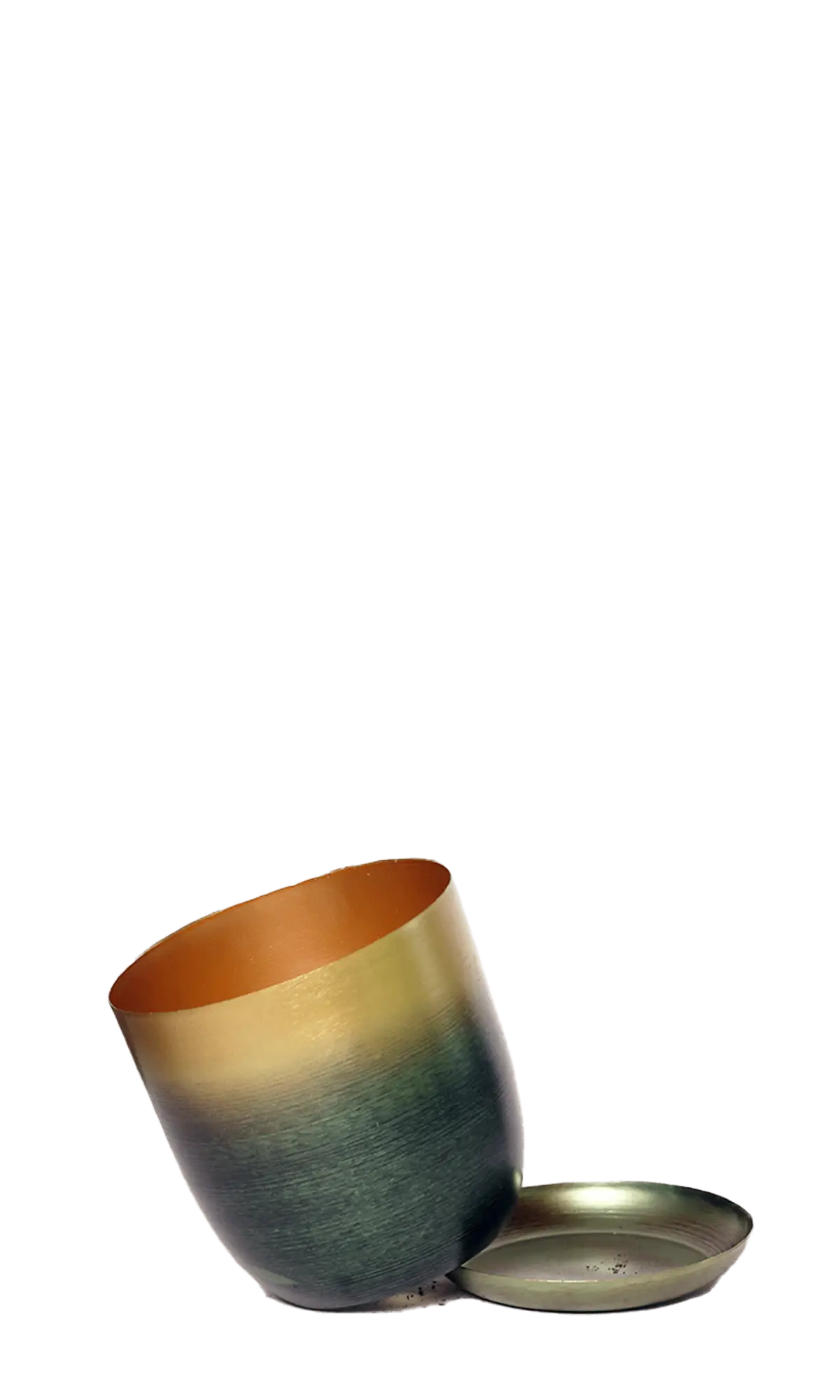 Chive Joe forest gold medium metal planter with drainage tipped to show the gold interior and the detachable saucer.