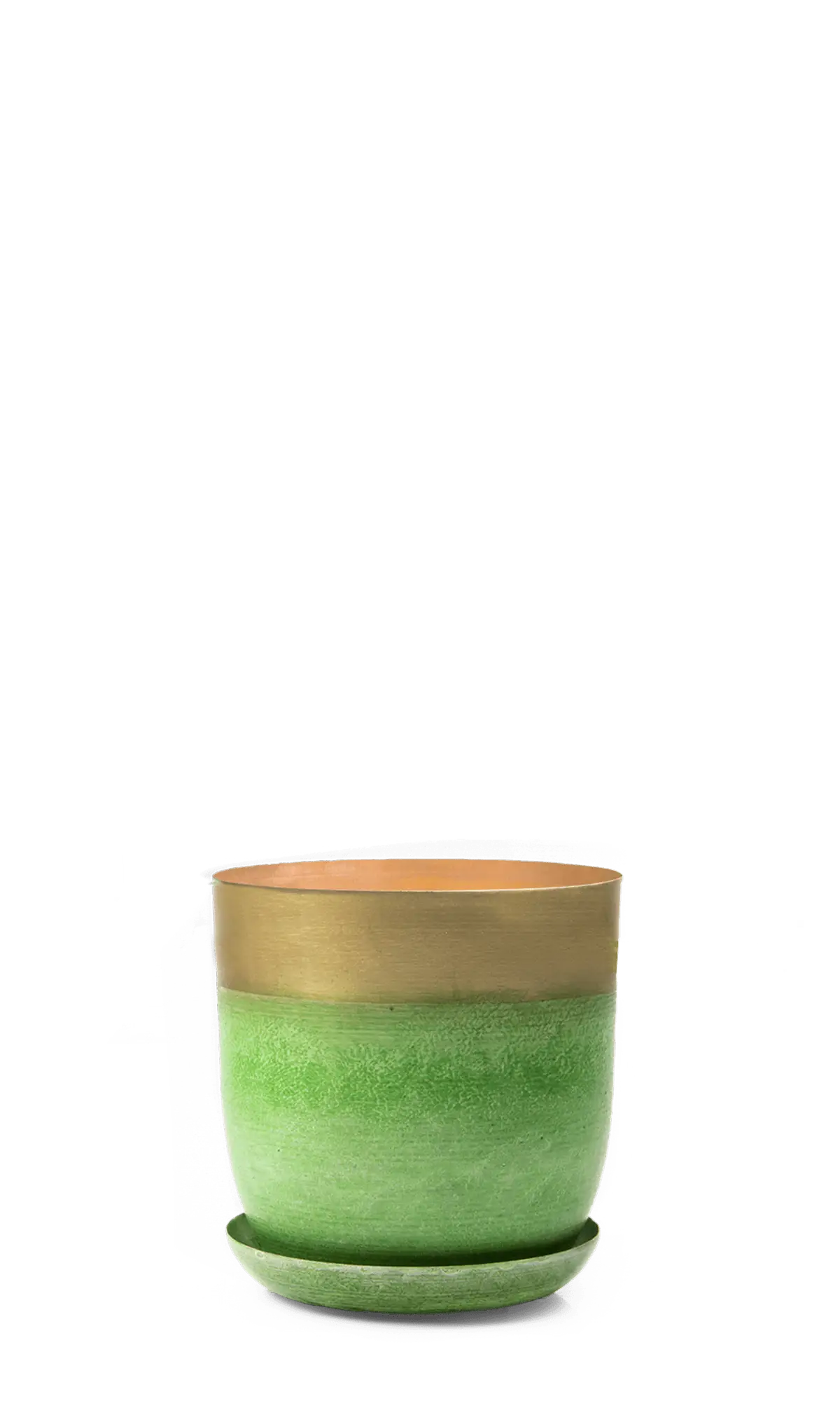 Chive Joe green gold metal medium plant pot with drainage hole and detachable saucer.