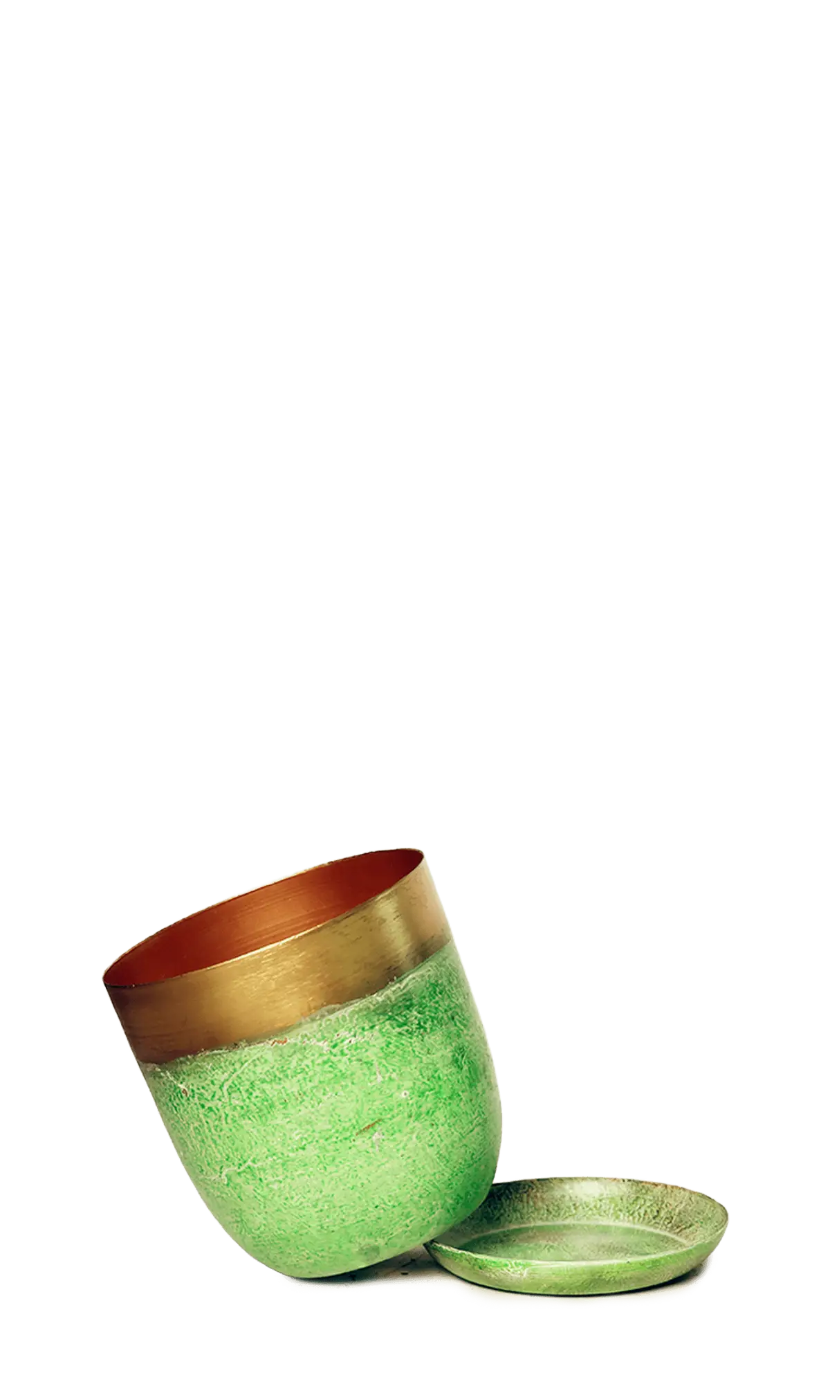 Chive Joe green gold medium metal planter with drainage tipped to show the warm copper interior finish and the detachable saucer.