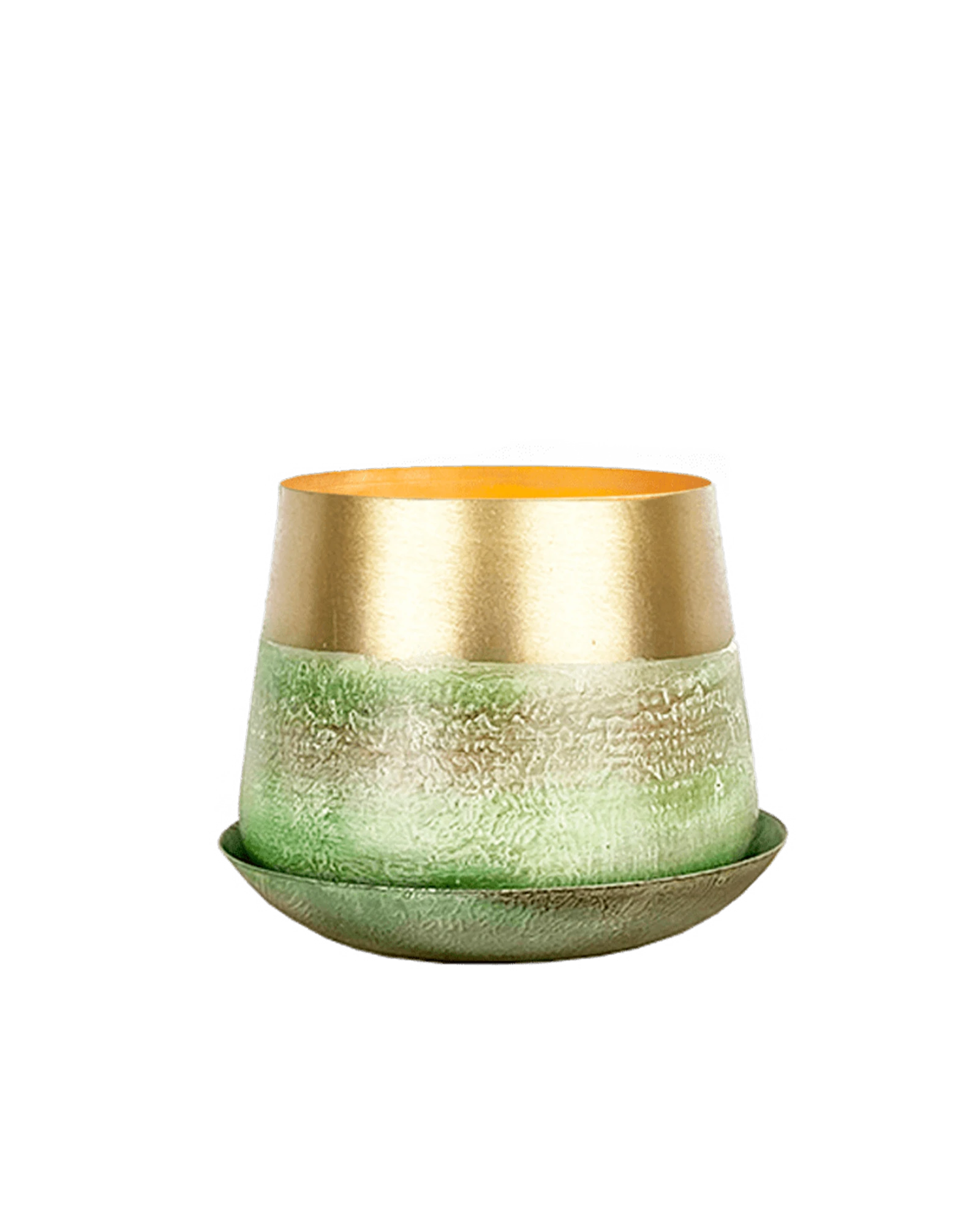 Chive Joe small green gold metal plant pot with drainage hole and detachable saucer.