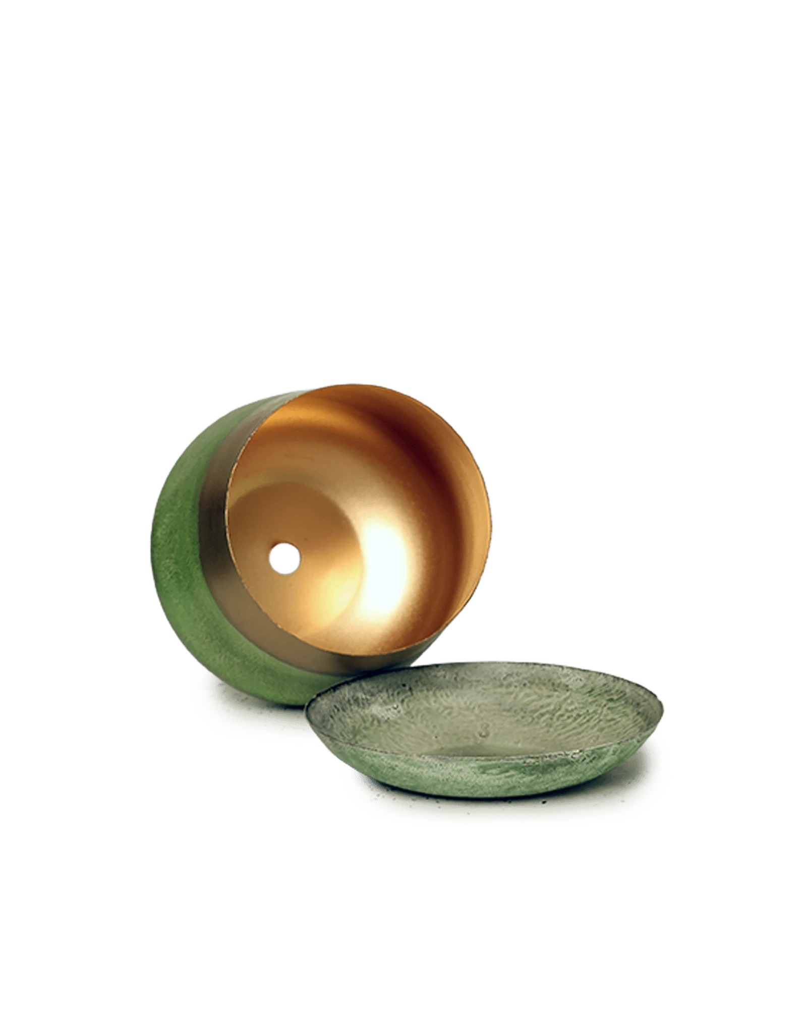 Close up of Chive Joe small green gold color metal plant pot drainage hole and detachable saucer.