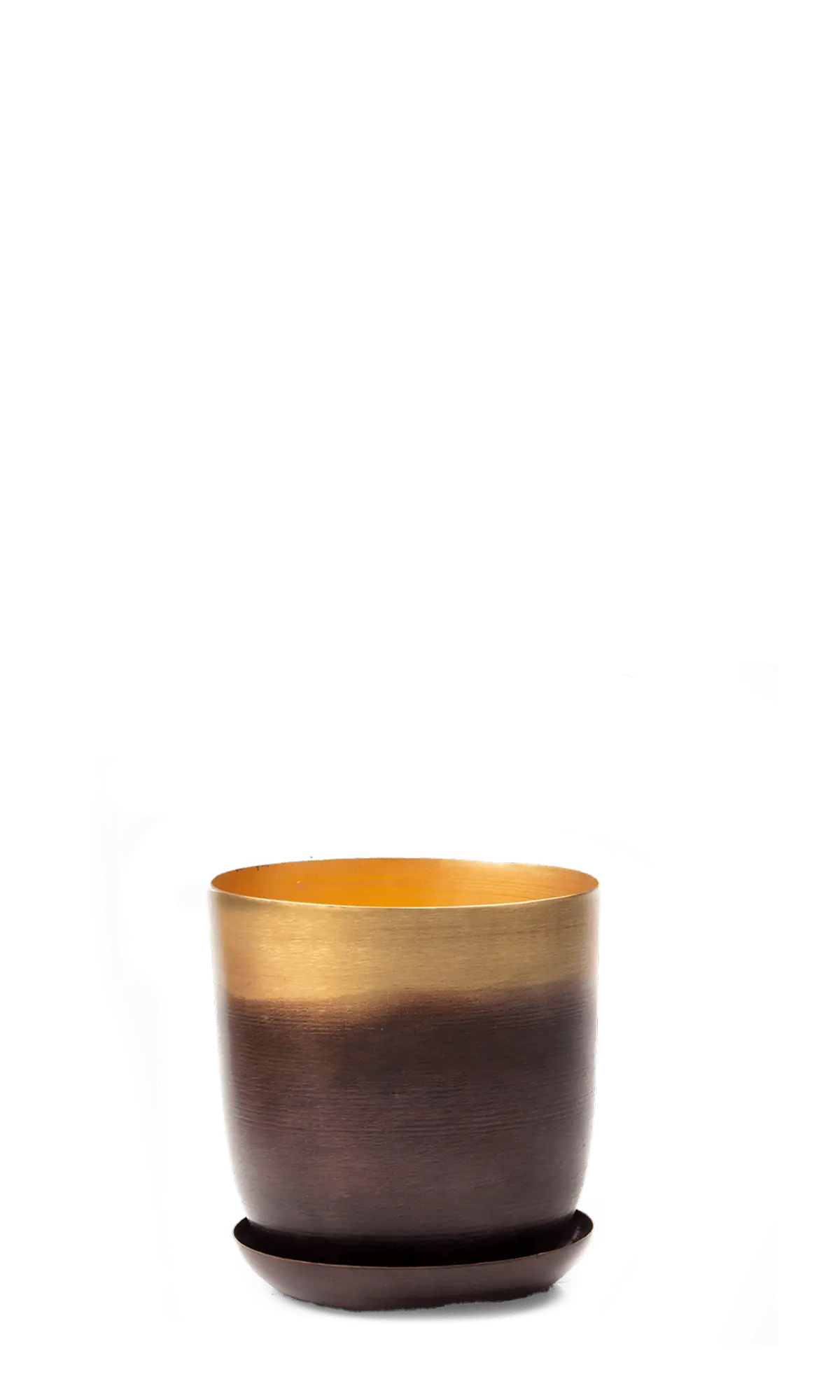 Chive Joe medium metal planter in mahogany gold ombre with a metallic brushed finish and matching saucer.