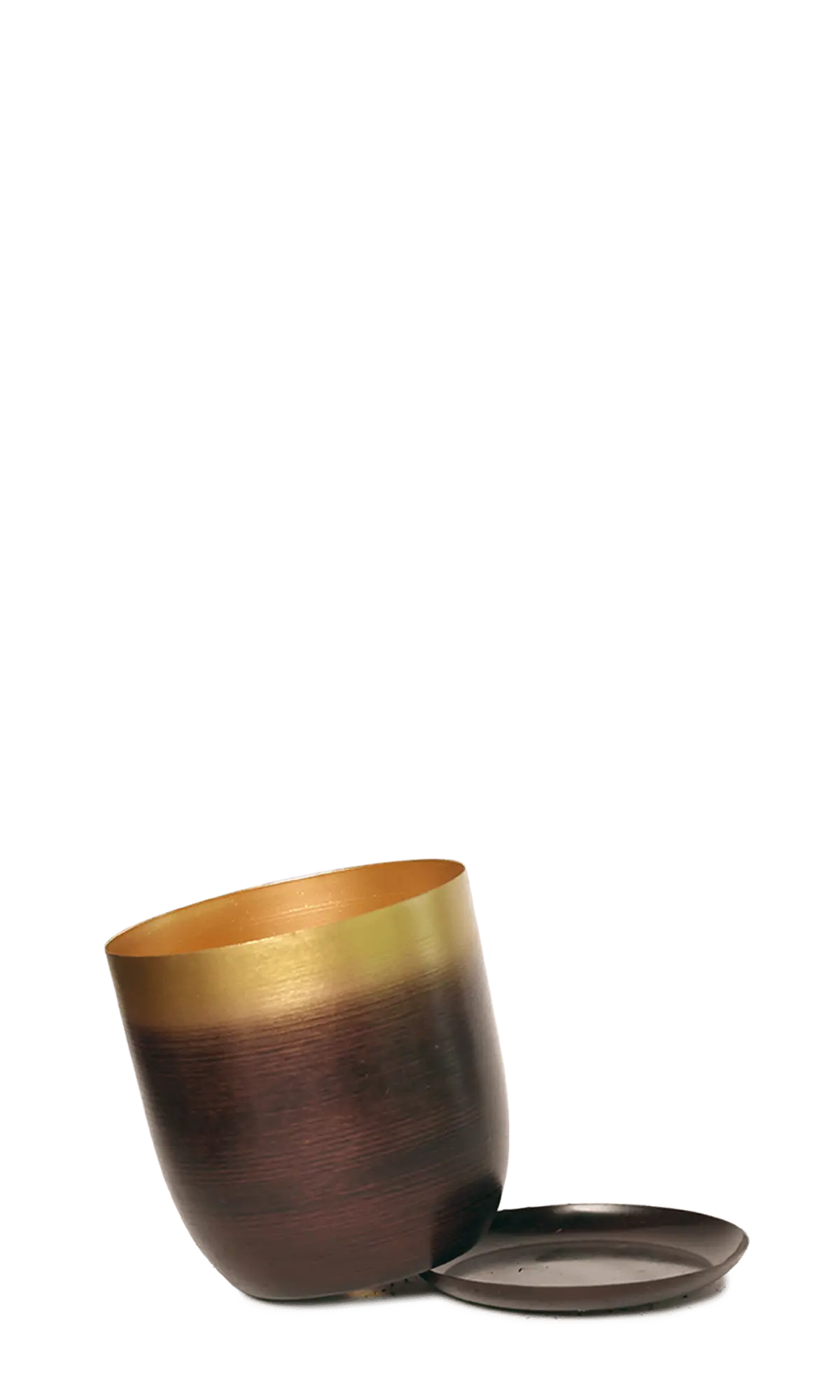 Chive Joe medium metal planter in mahogany gold with a brushed ombre finish, shown with a matching saucer.
