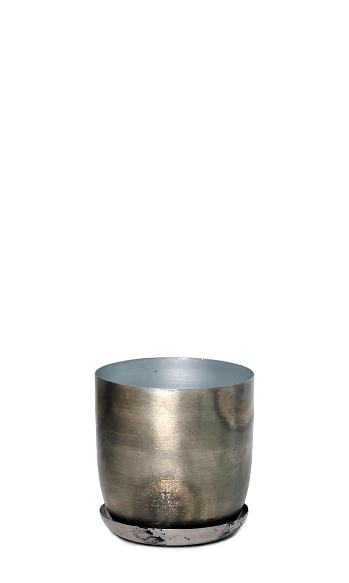 Chive Joe metal planter in silver with a brushed metallic finish and matching saucer.