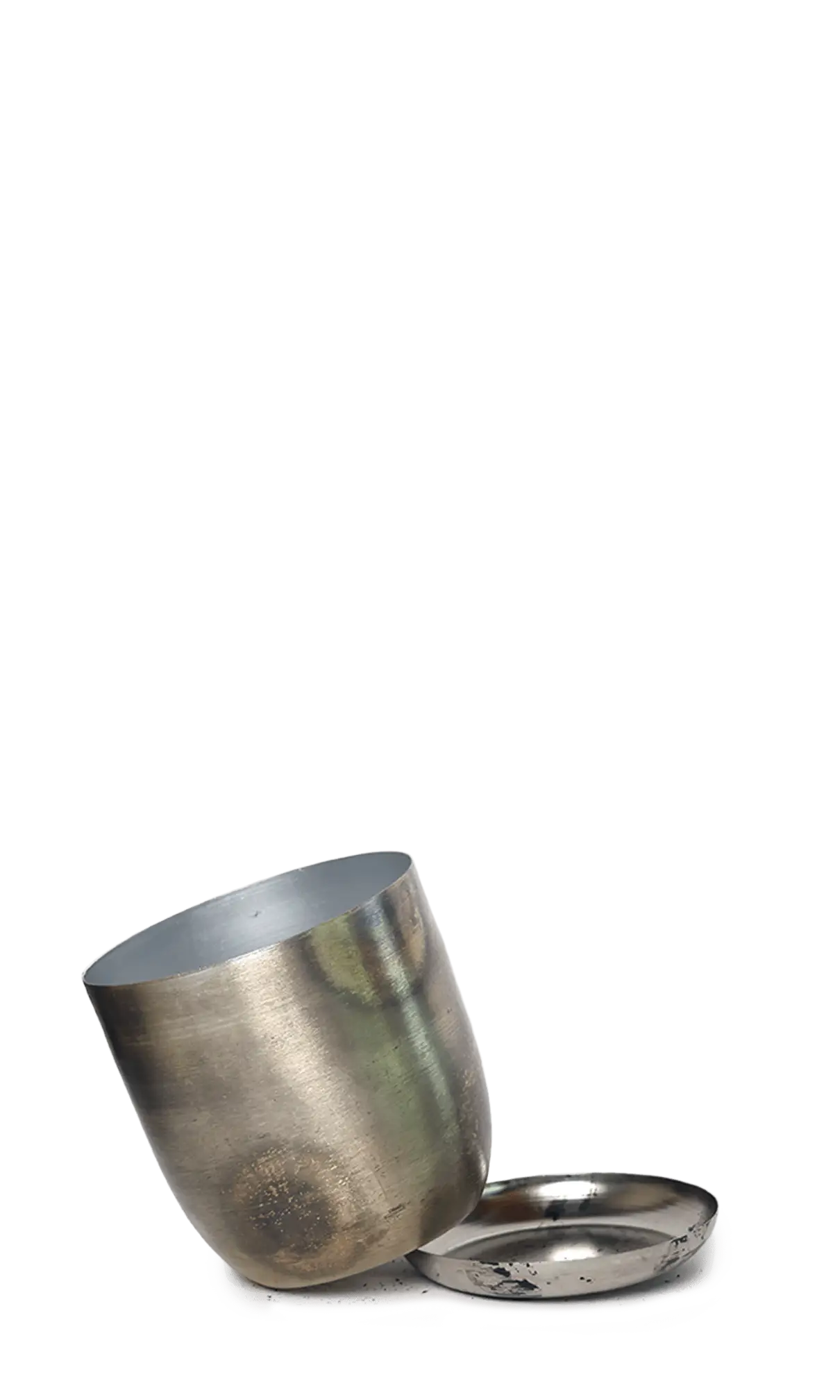 Chive Joe silver metal planter tipped to show the brushed metallic finish and silver interior.