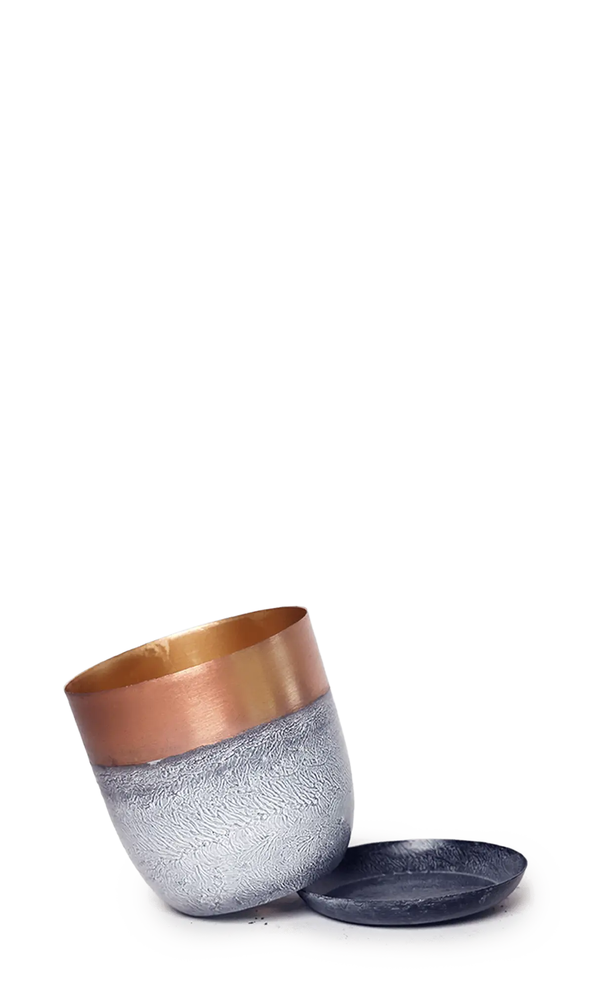 Chive Joe white copper medium metal planter with drainage tipped to show the warm copper interior finish and the detachable saucer.
