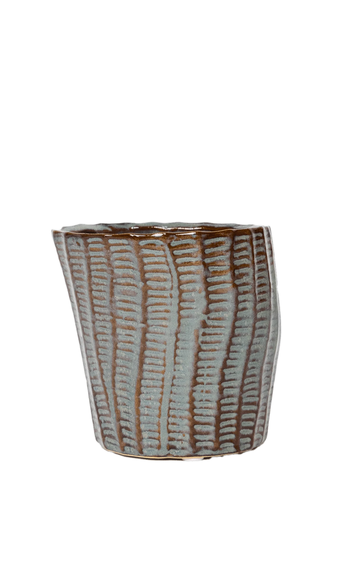 Chive Katakana brown ceramic textured planter pot with no drainage.