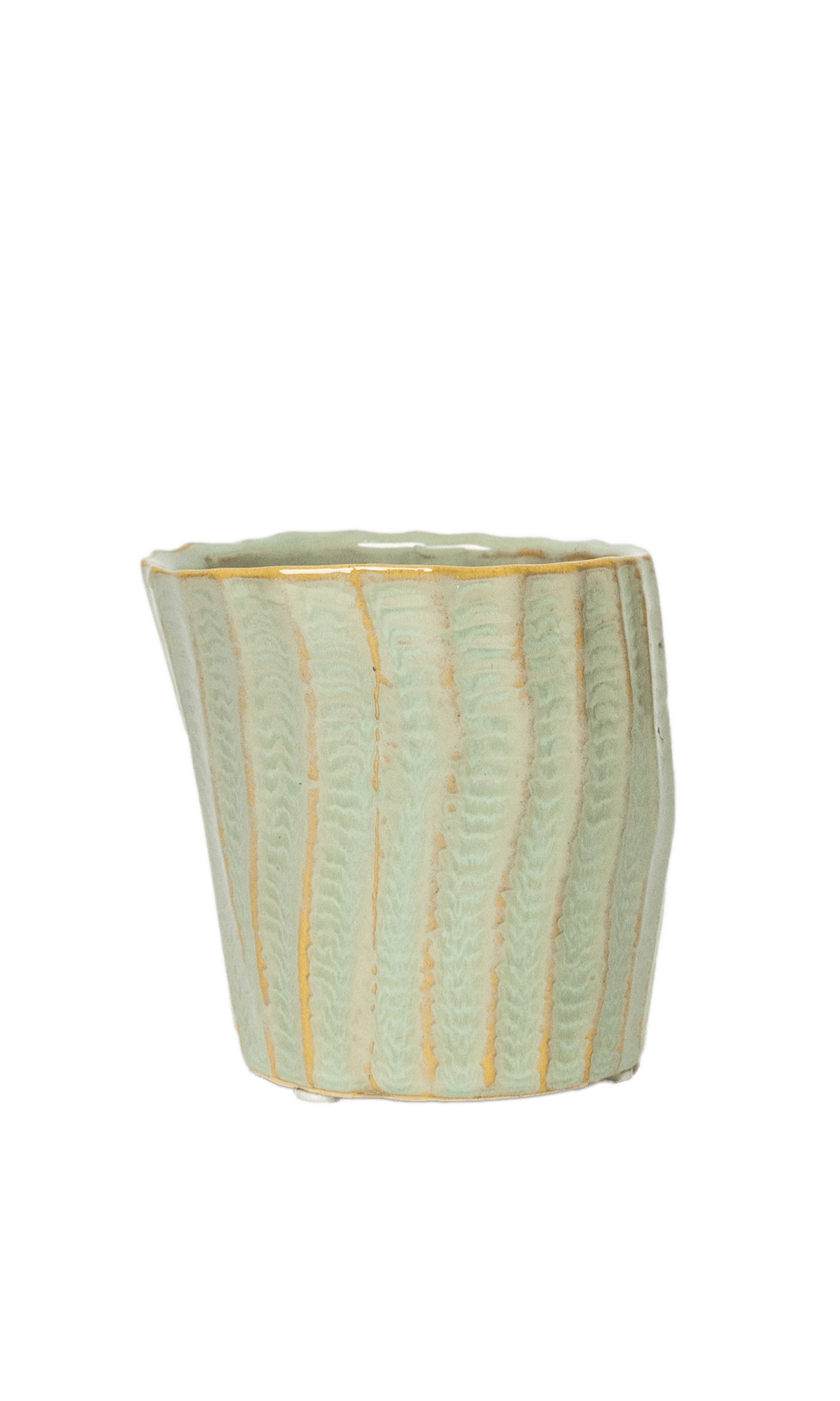 Chive Katakana green ceramic textured planter pot with no drainage.