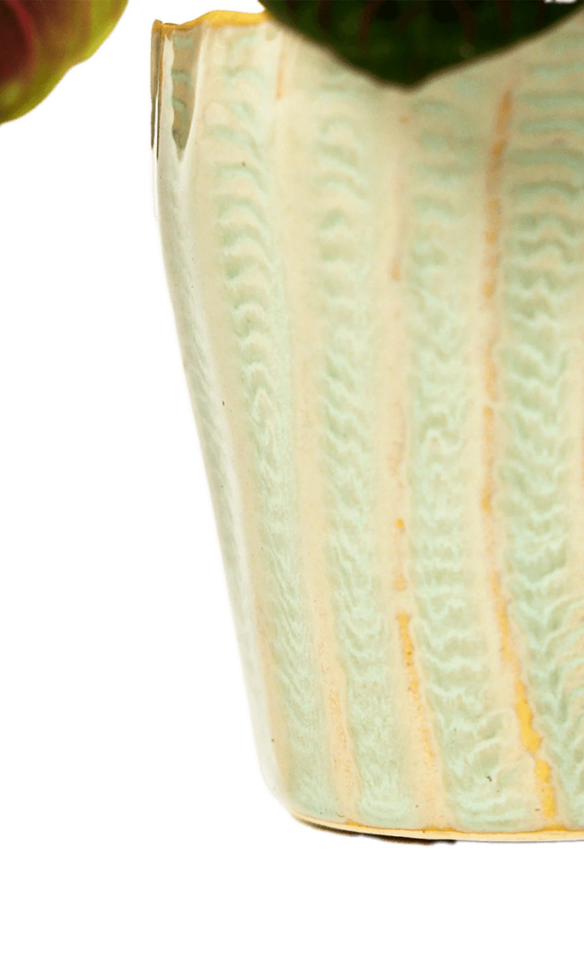 Close-up of the vertical ribbed texture on a Chive Katakana green ceramic pot.