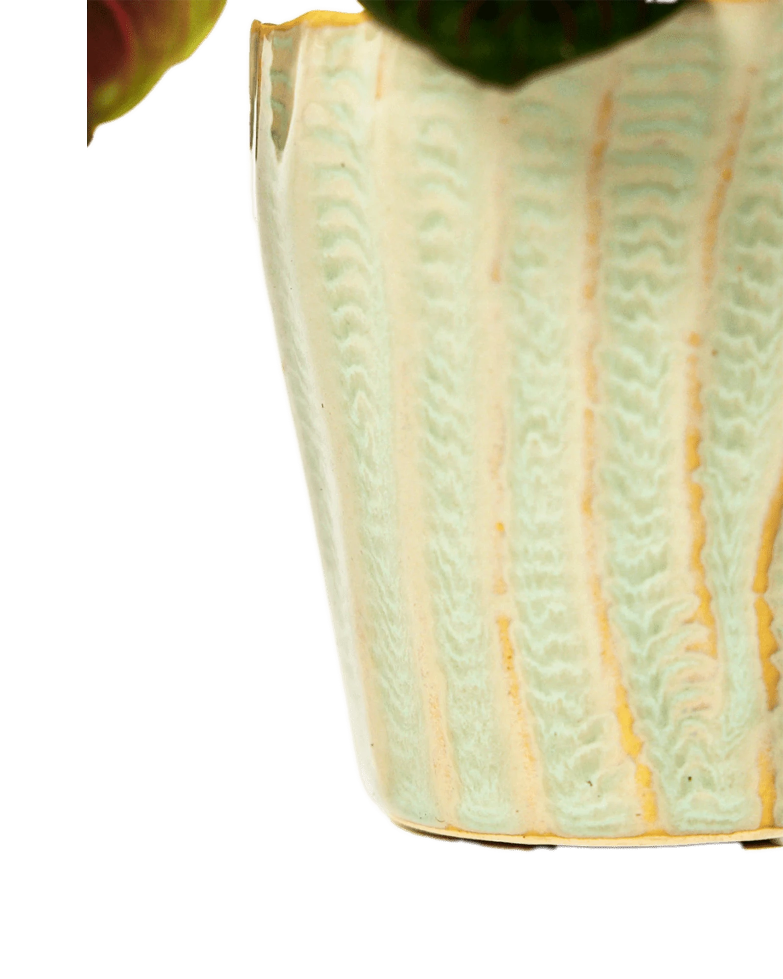 Close-up of the vertical ribbed texture on a Chive Katakana green ceramic pot.