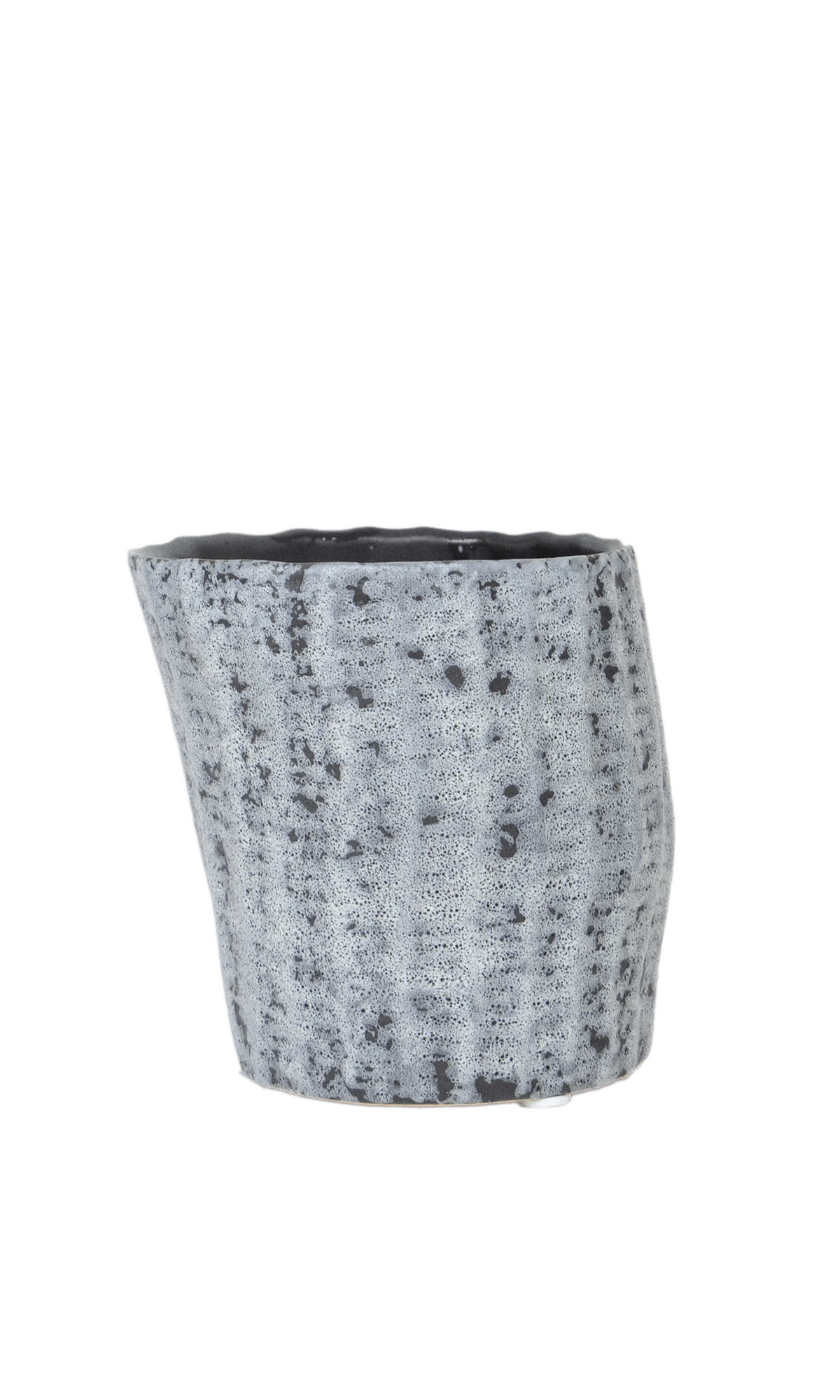 Chive Katakana white-black textured ceramic planter pot with no drainage.