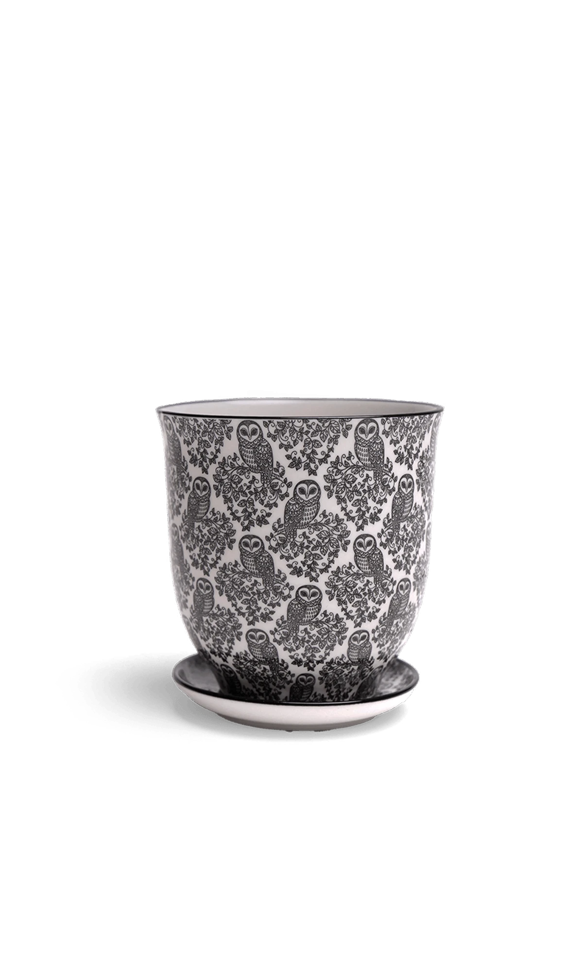 Chive Liberte small black owls porcelain pot with drainage hole and detachable saucer.