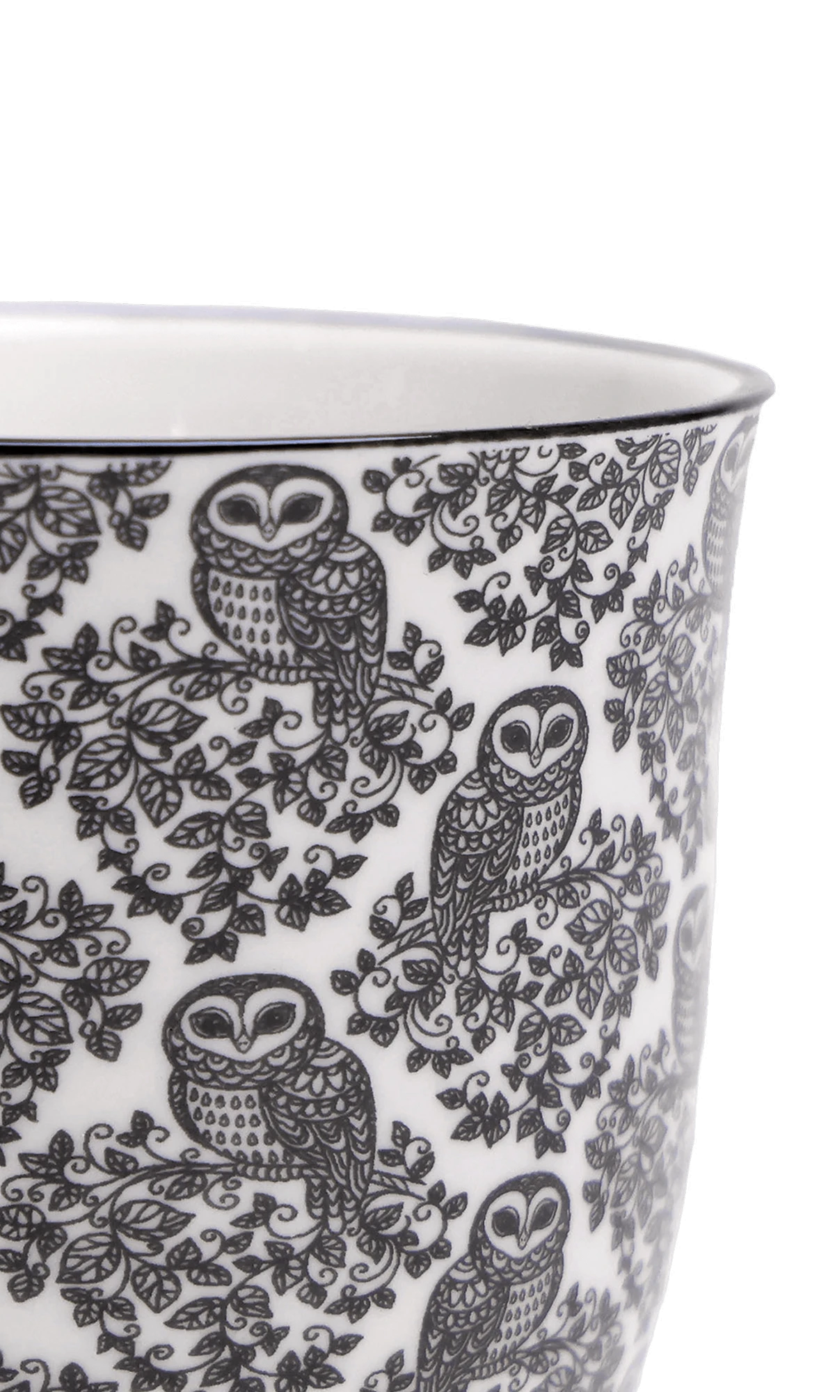 Close-up of the Chive Liberte small black owls porcelain pot showing the pattern and glaze finish.