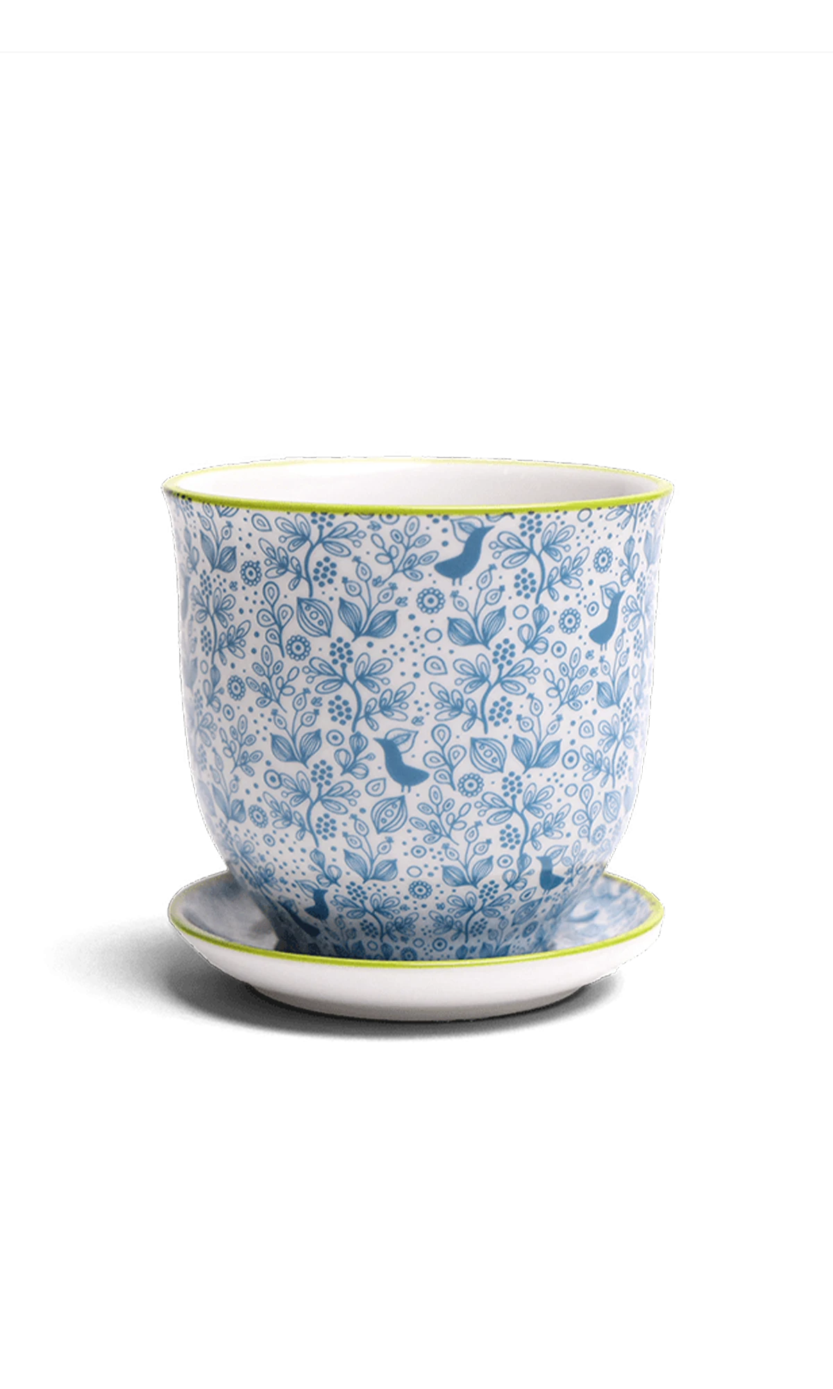 Chive Liberte medium blue birds porcelain pot with drainage hole and detachable saucer.