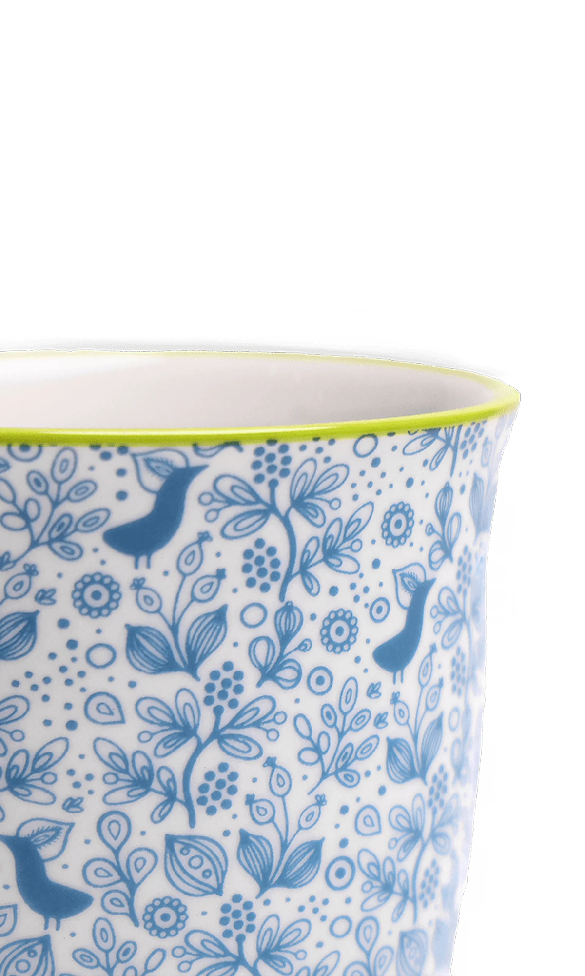 Close-up of the Chive Liberte small blue birds porcelain pot showing the pattern and glaze finish.