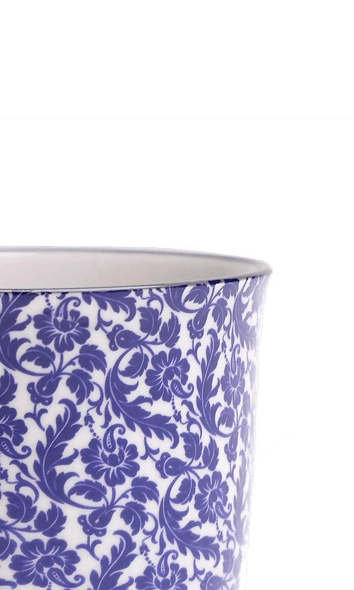 Close-up of the Chive Liberte small blue leaves porcelain pot showing the pattern and glaze finish.