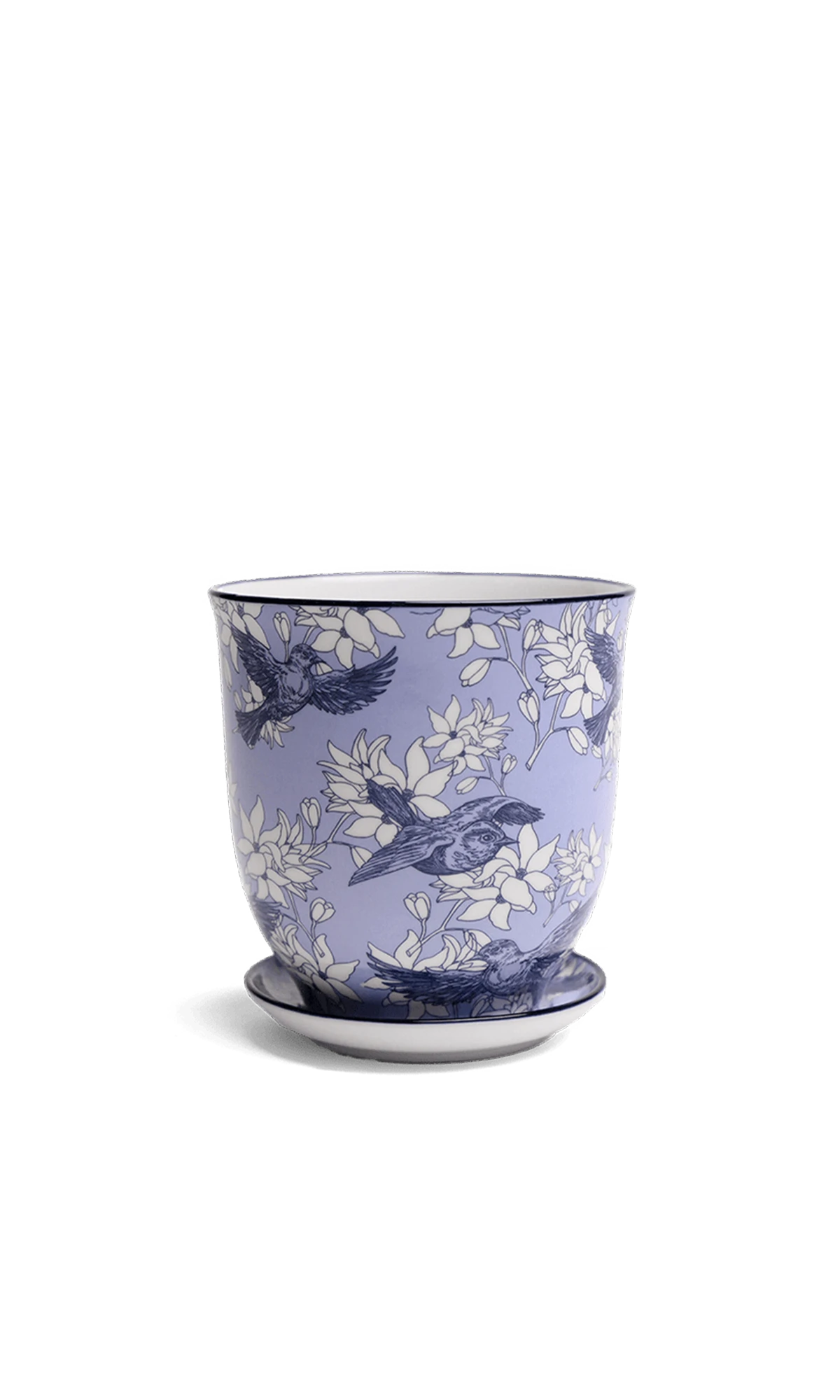 Chive Liberte medium blue swallows porcelain pot with drainage hole and detachable saucer.