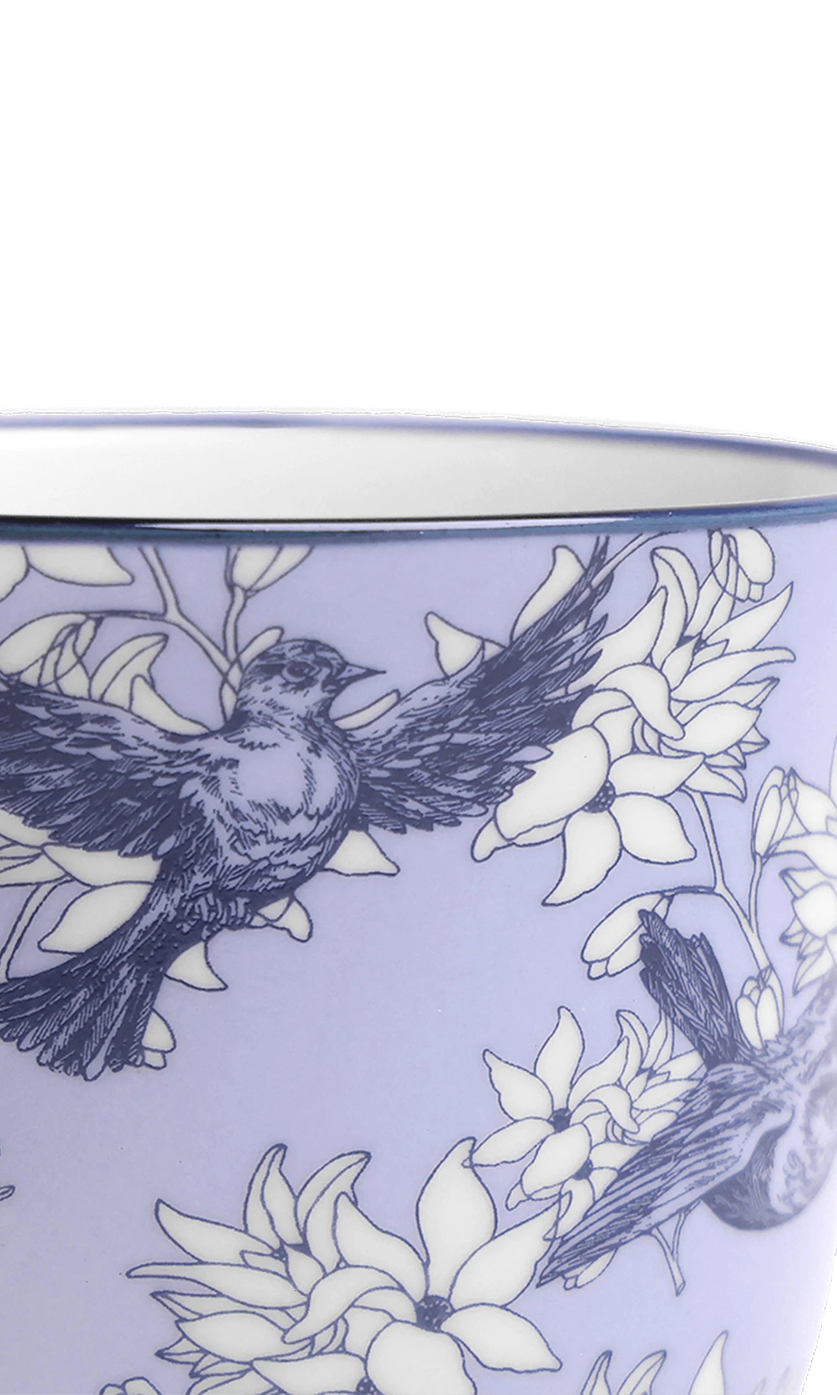Close-up of the Chive Liberte medium blue swallows porcelain pot showing the pattern and glaze finish.