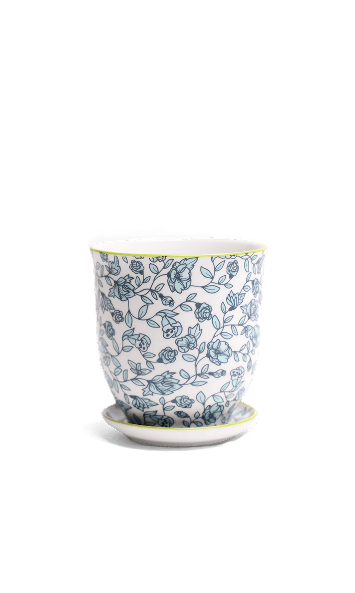 Chive Liberte medium green flowers porcelain pot with drainage hole and detachable saucer.