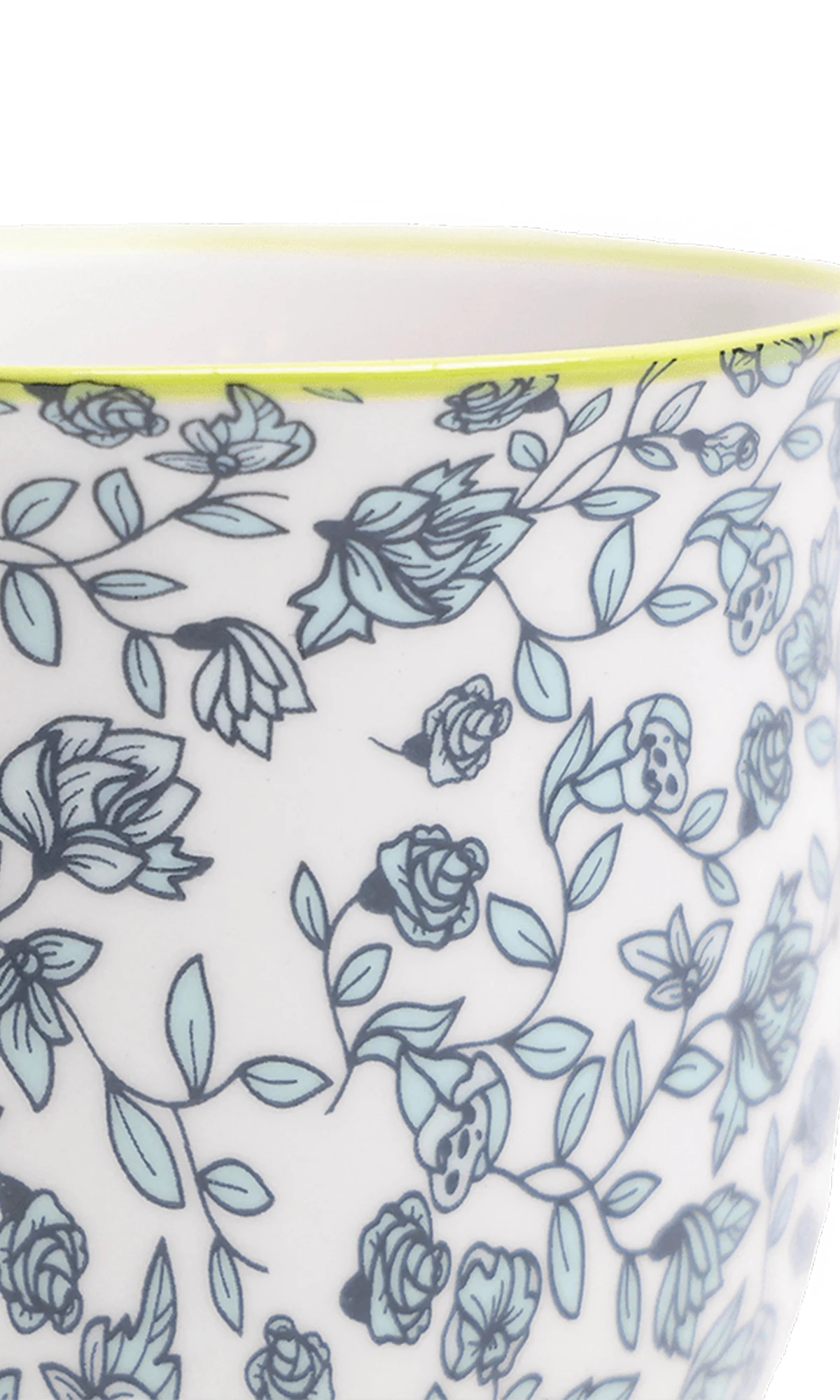 Close-up of the Chive Liberte small green flowers porcelain pot showing the pattern and glaze finish.