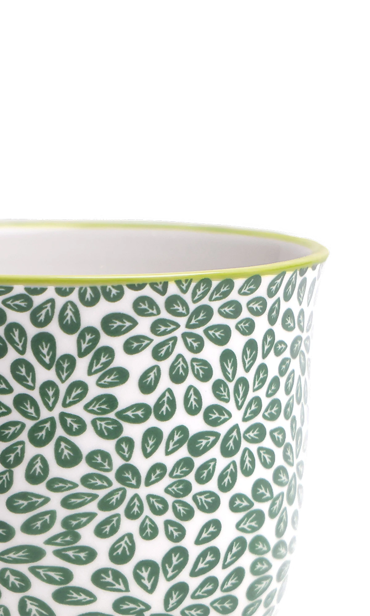 Close-up of the Chive Liberte small green leaves 3 porcelain pot showing the pattern and glaze finish.