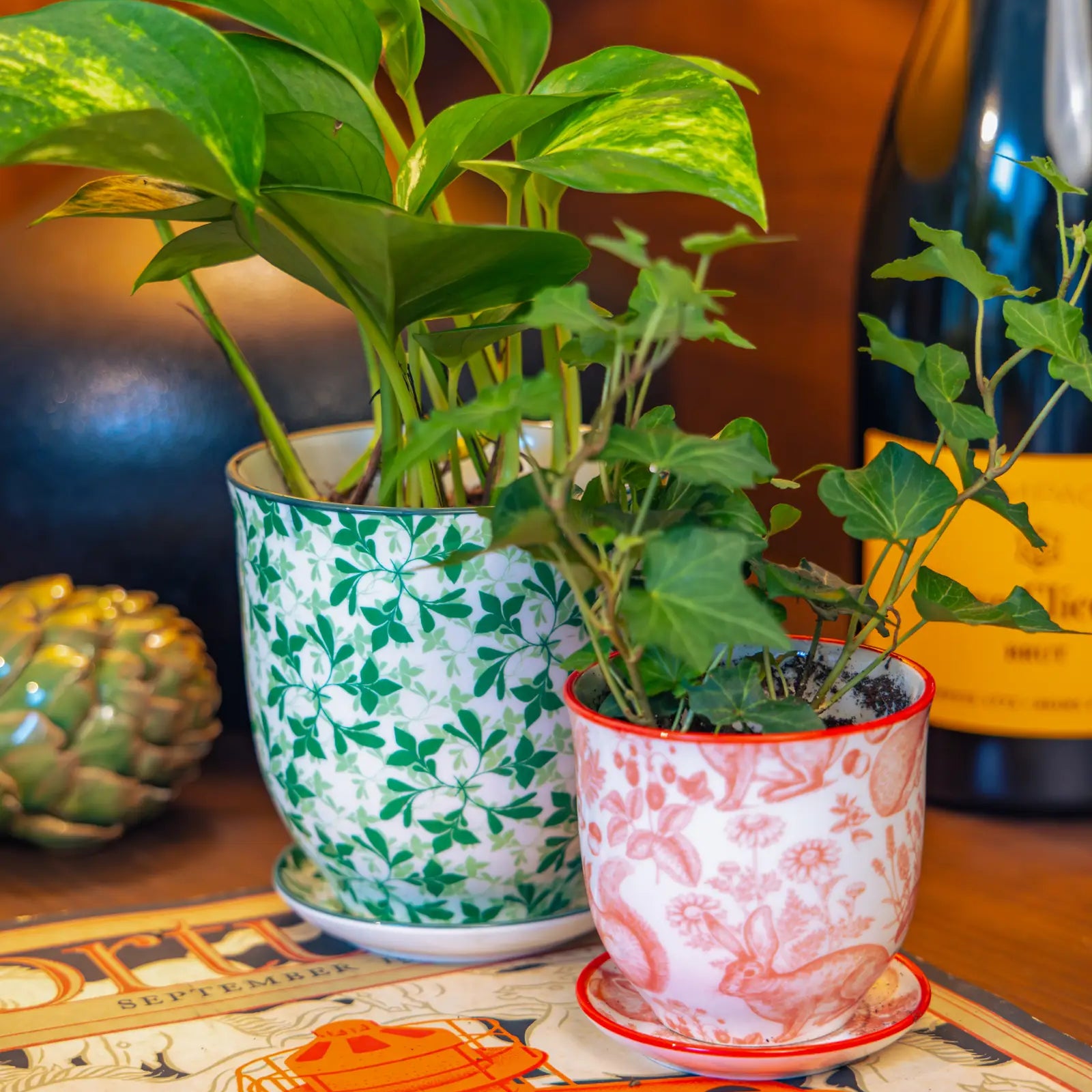 Chive Liberté planters in green leaves and red squirrels prints, styled with a golden pothos and ivy on a wood surface.