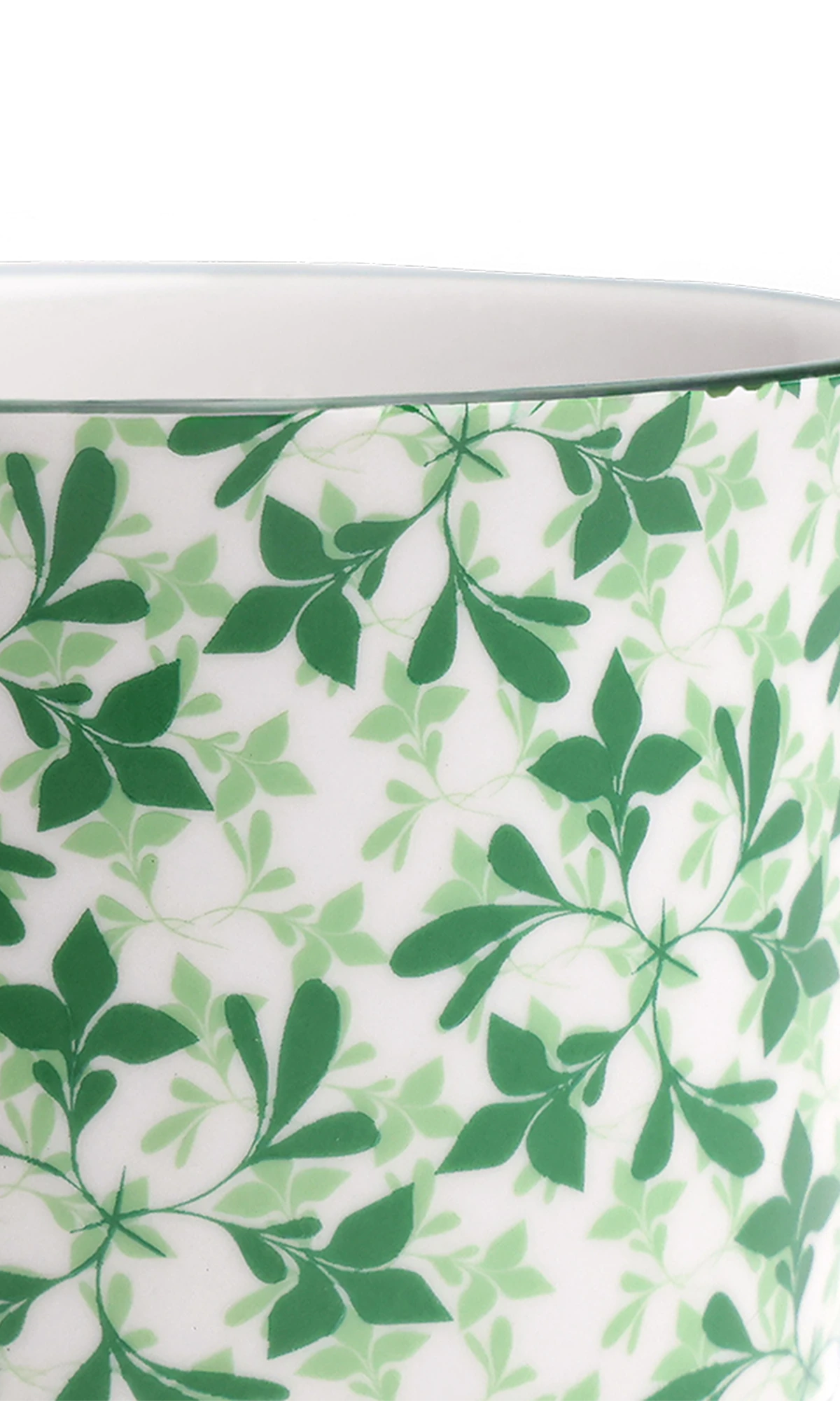 Close-up of the Chive Liberte small green leaves 4 porcelain pot showing the pattern and glaze finish.