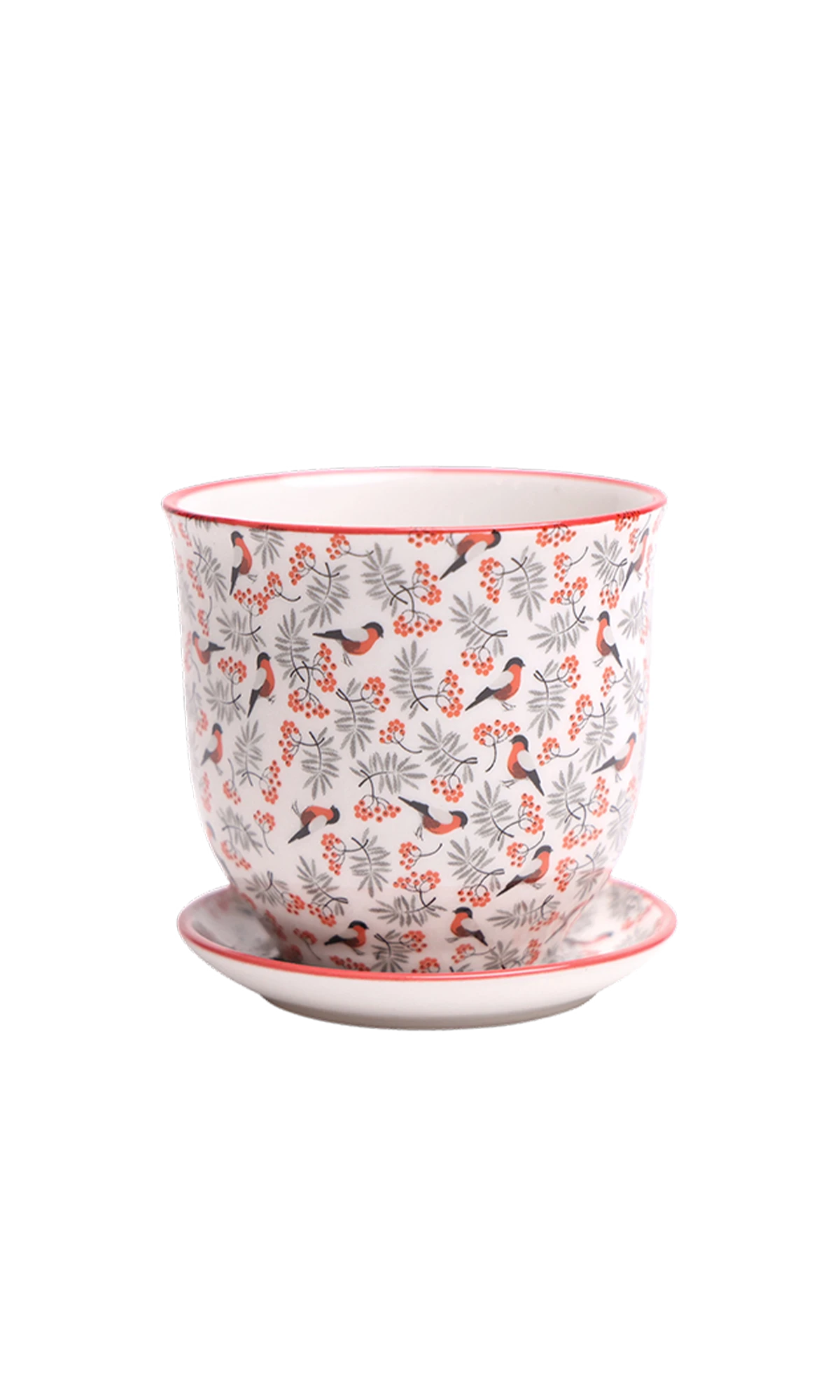Chive Liberte small red birds porcelain pot with drainage hole and detachable saucer.