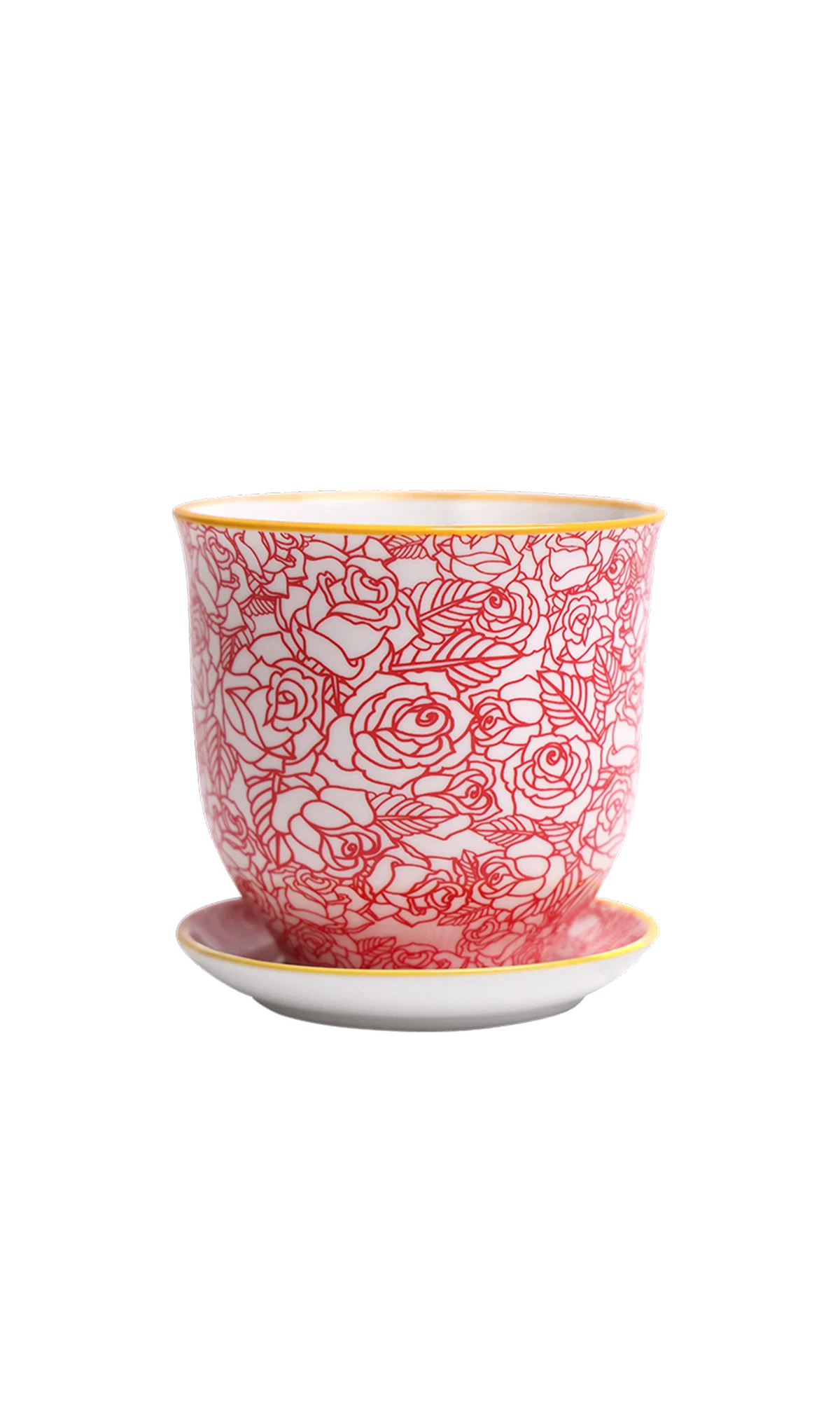 Chive Liberte small red roses porcelain pot with drainage hole and detachable saucer.