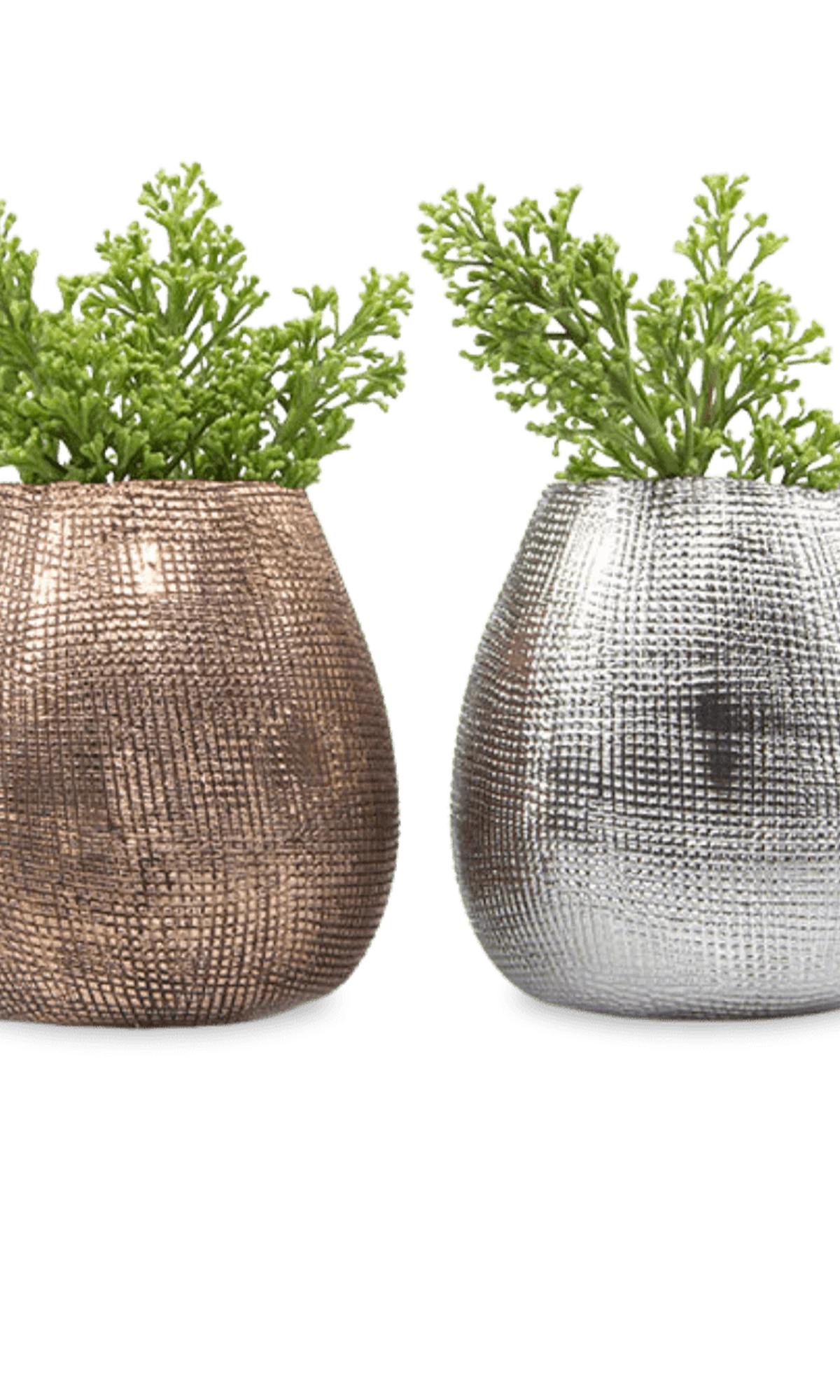Two Chive Mesh glazed ceramic planters with woven grid texture, in rose gold and silver, styled with plants.