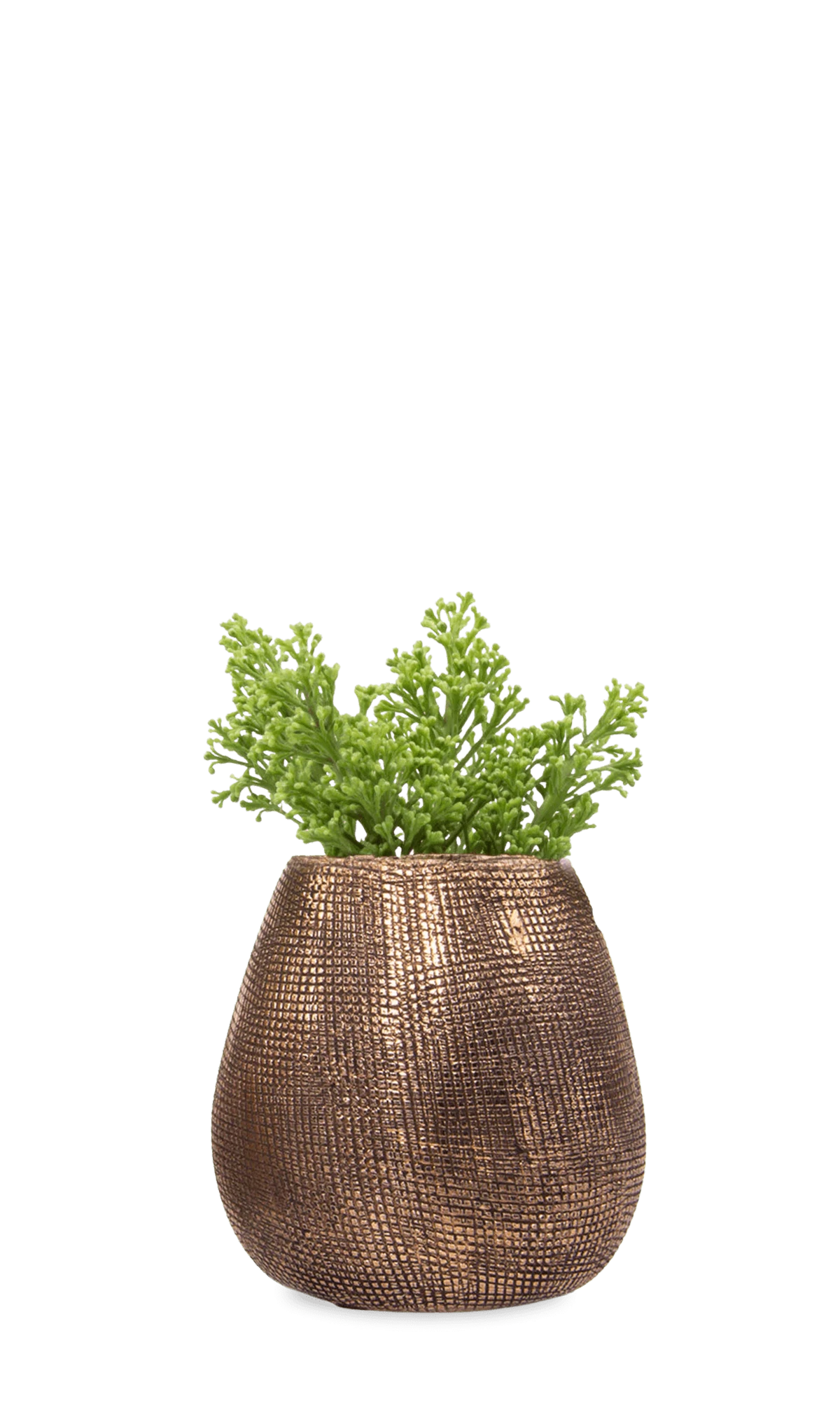 Chive Mesh antique rose gold glazed ceramic planter pot with woven grid texture, styled with a plant.
