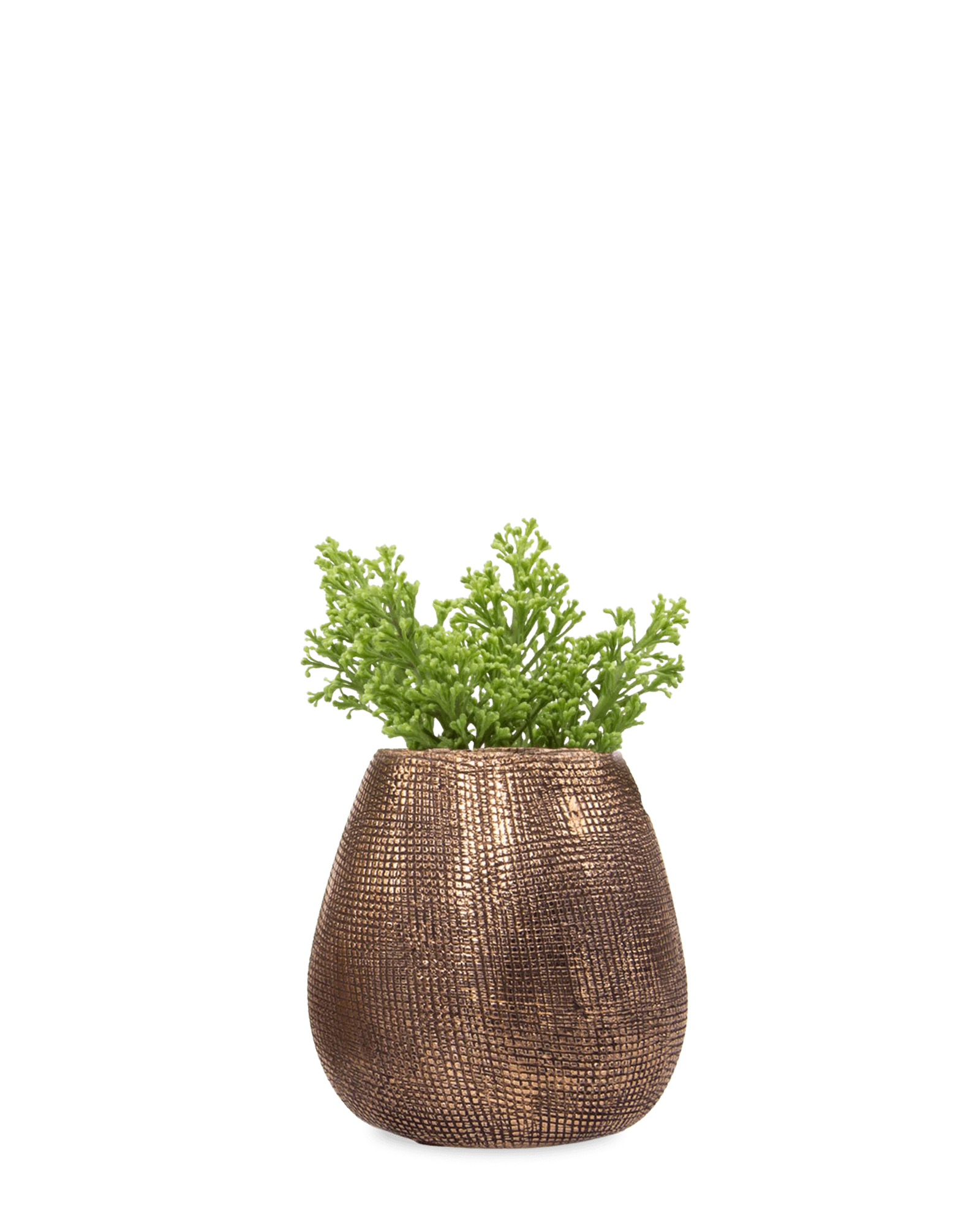 Chive Mesh antique rose gold glazed ceramic planter pot with woven grid texture, styled with a plant.