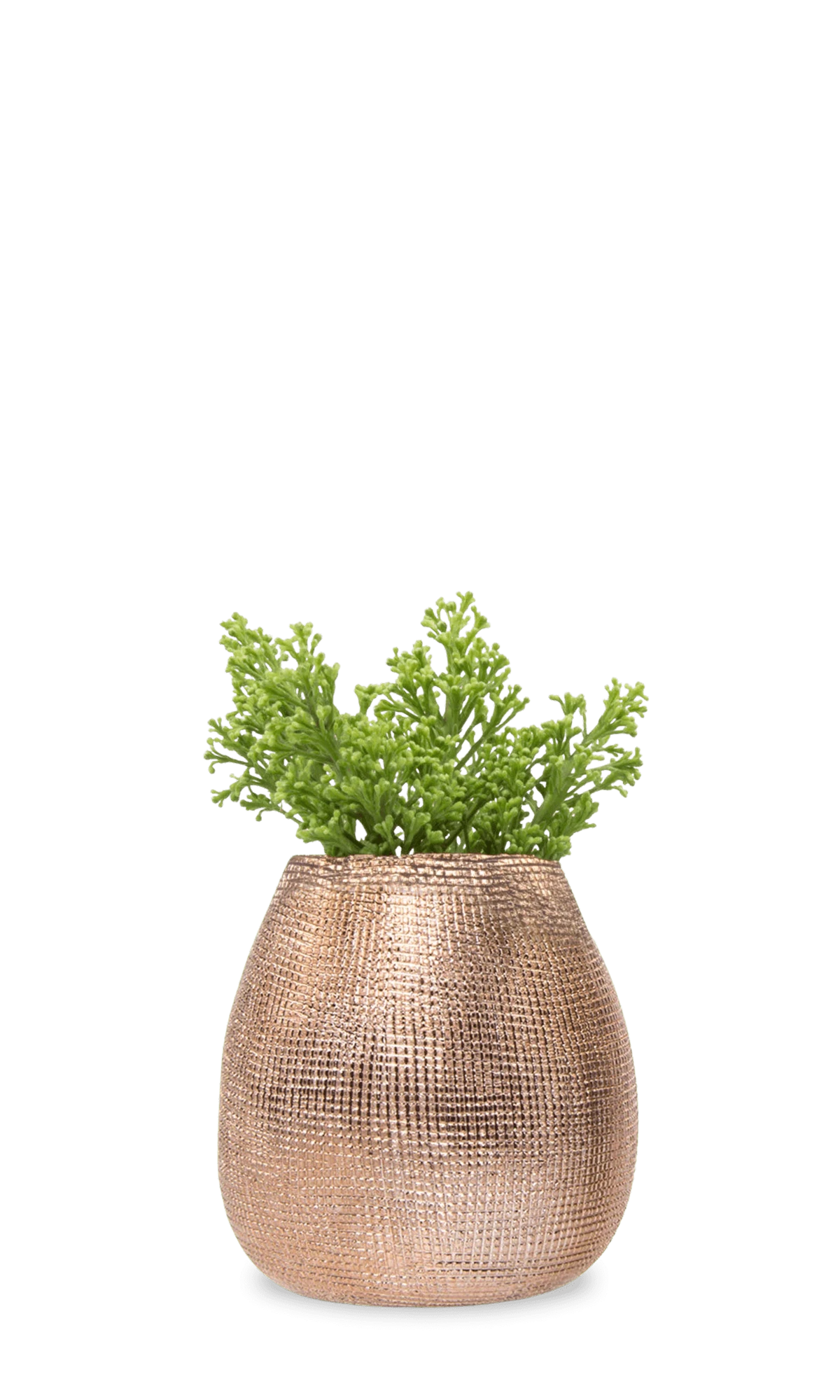 Chive Mesh rose gold glazed ceramic planter pot with woven grid texture, styled with a plant.