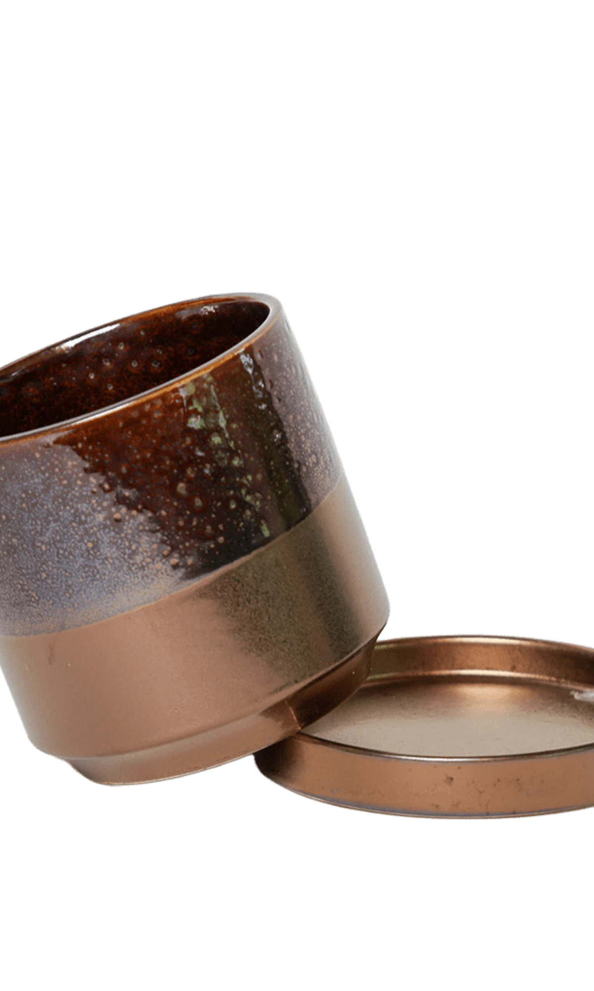Close-up of the detachable saucer and drainage hole on a Chive Minute small bronze speckles ceramic pot.