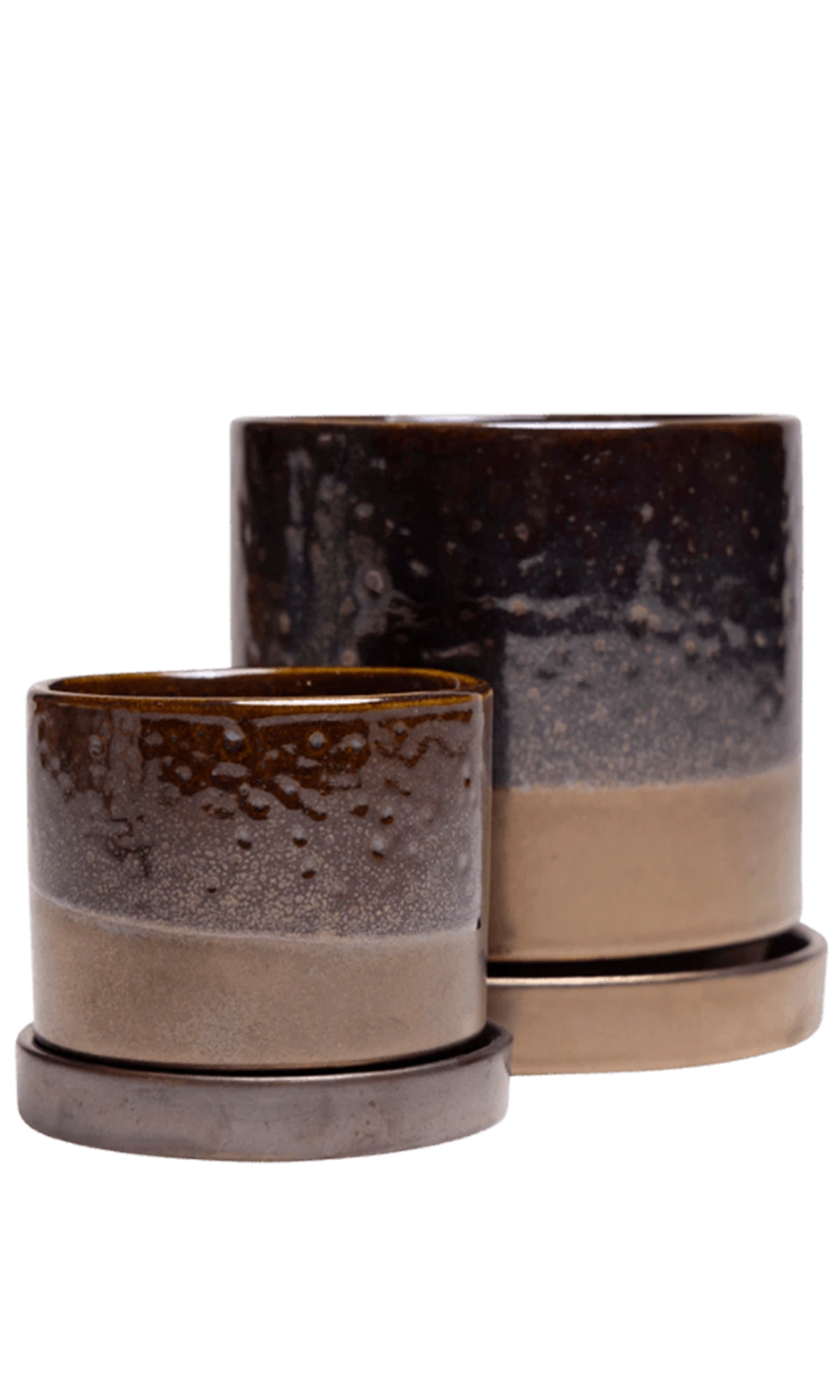 Two Chive Minute bronze speckles ceramic pots with drainage and detachable saucers in size small and medium.