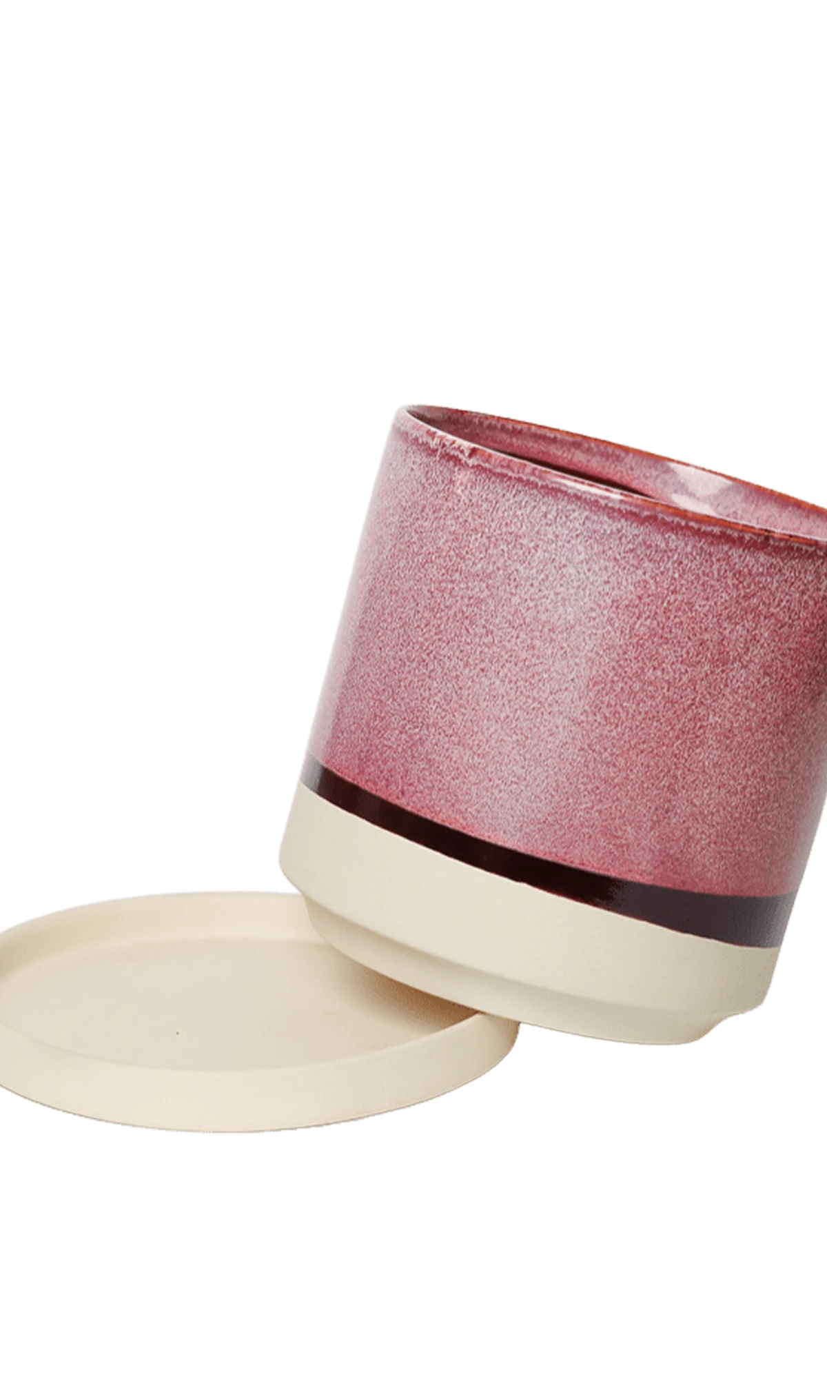Chive Minute small burgundy ceramic pot with drainage tilted to show the detachable saucer.