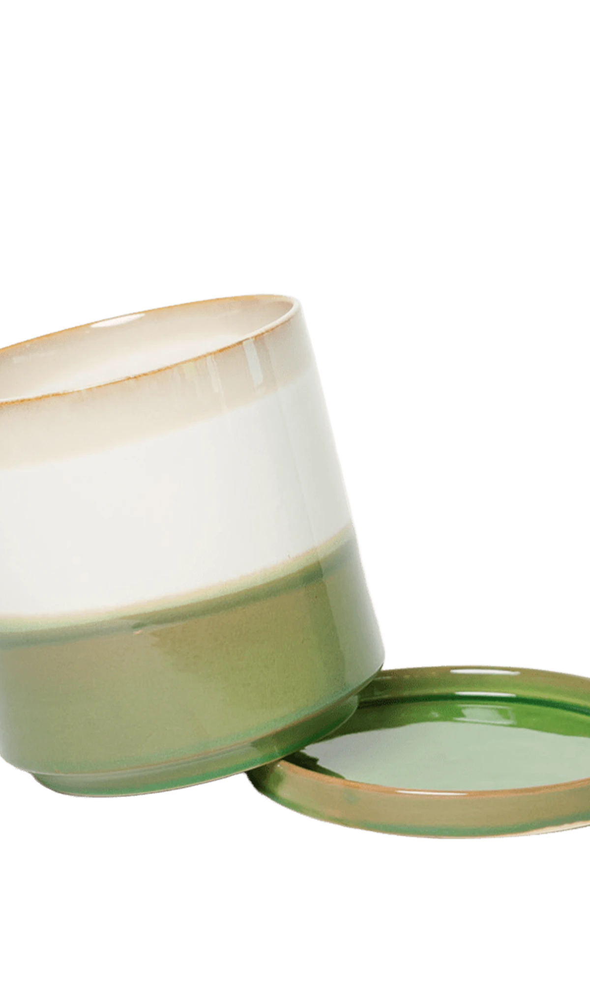 Chive Minute small green layers ceramic pot with drainage tilted to show the detachable saucer.