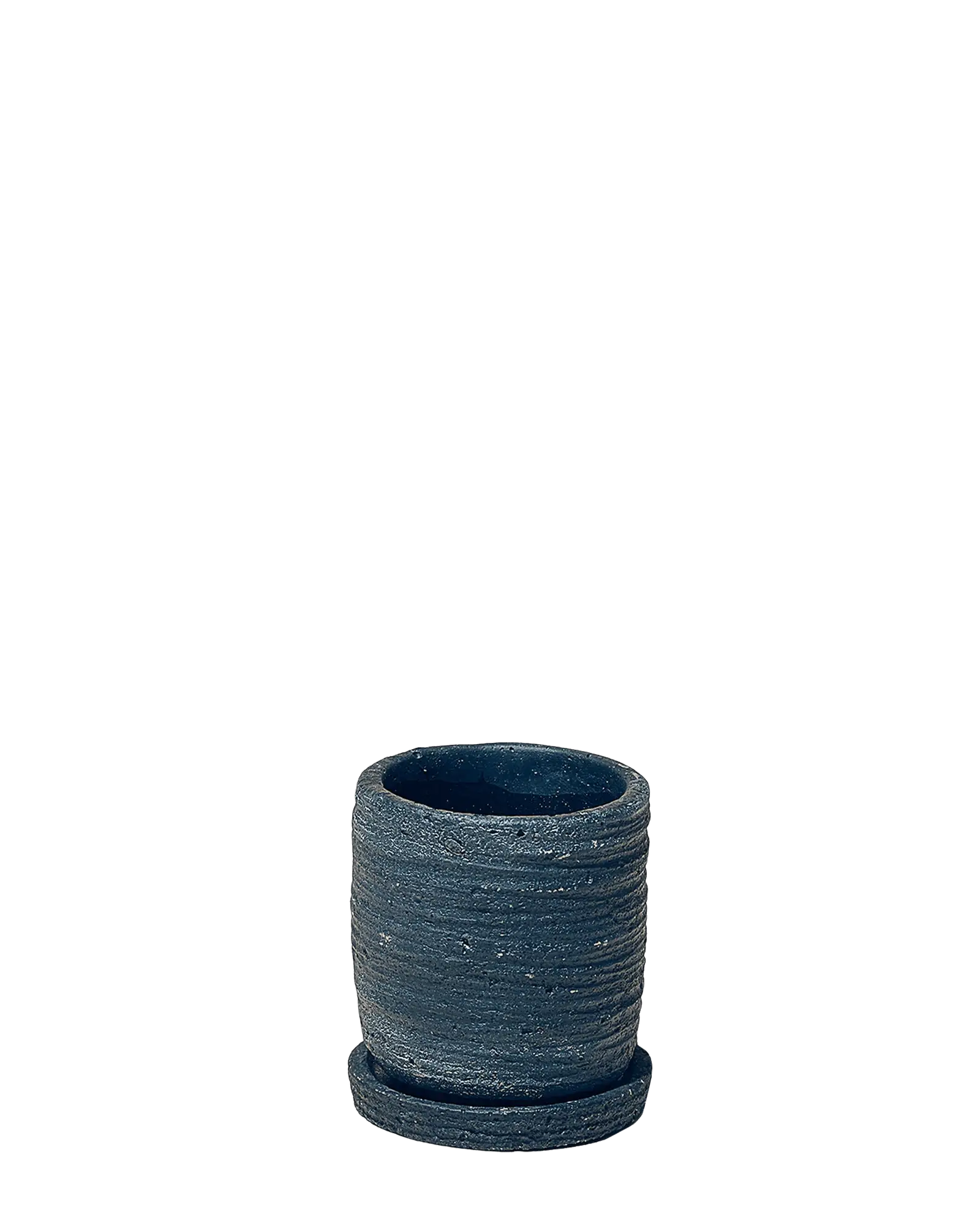 Chive Paul black ribbed ceramic small plant pot with drainage hole and saucer.