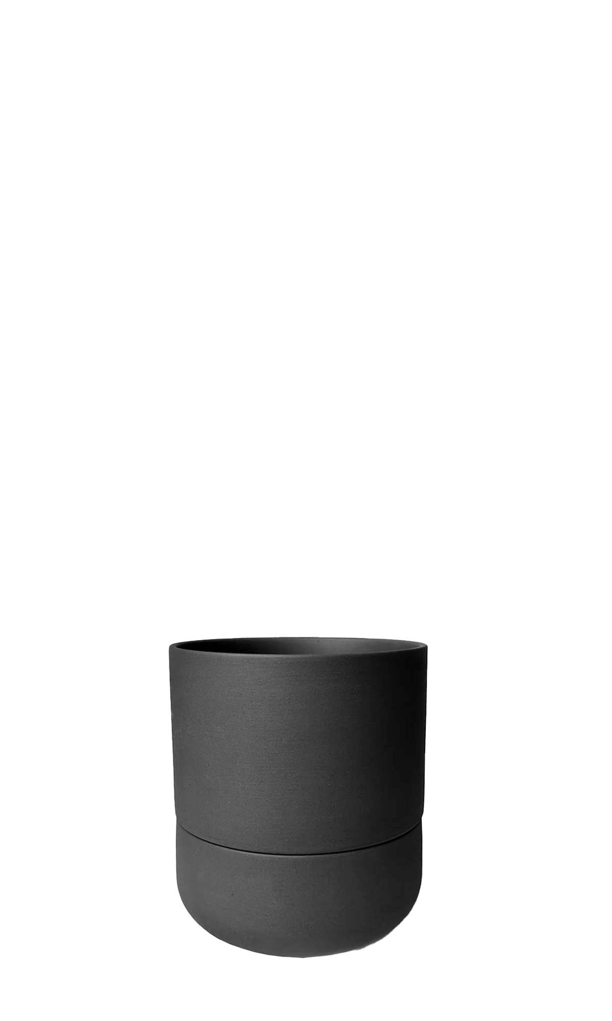 Chive Ryan black ceramic self-watering plant pot with drainage hole and detachable saucer.