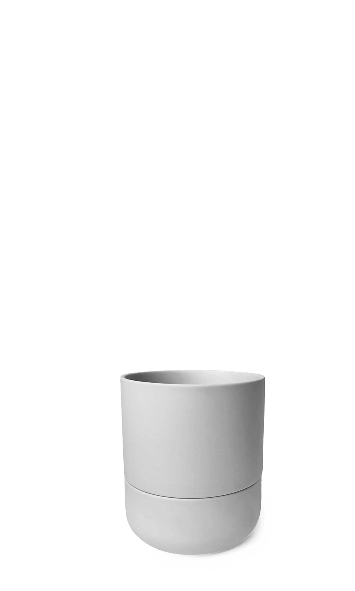 Chive Ryan grey ceramic self-watering plant pot with drainage hole and detachable saucer.