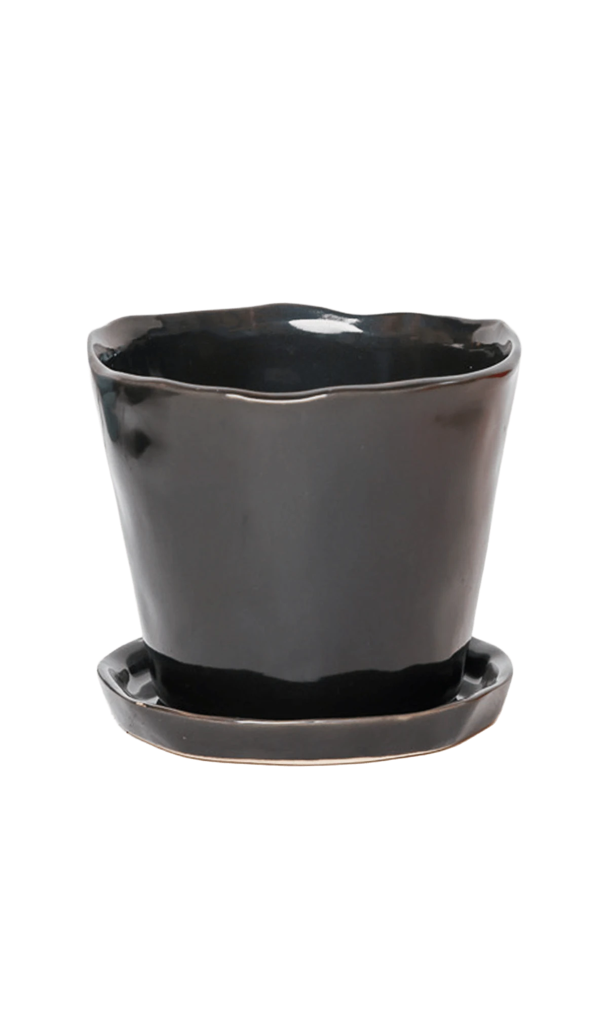 Chive Tika black ceramic medium plant pot with drainage hole and detachable saucer.