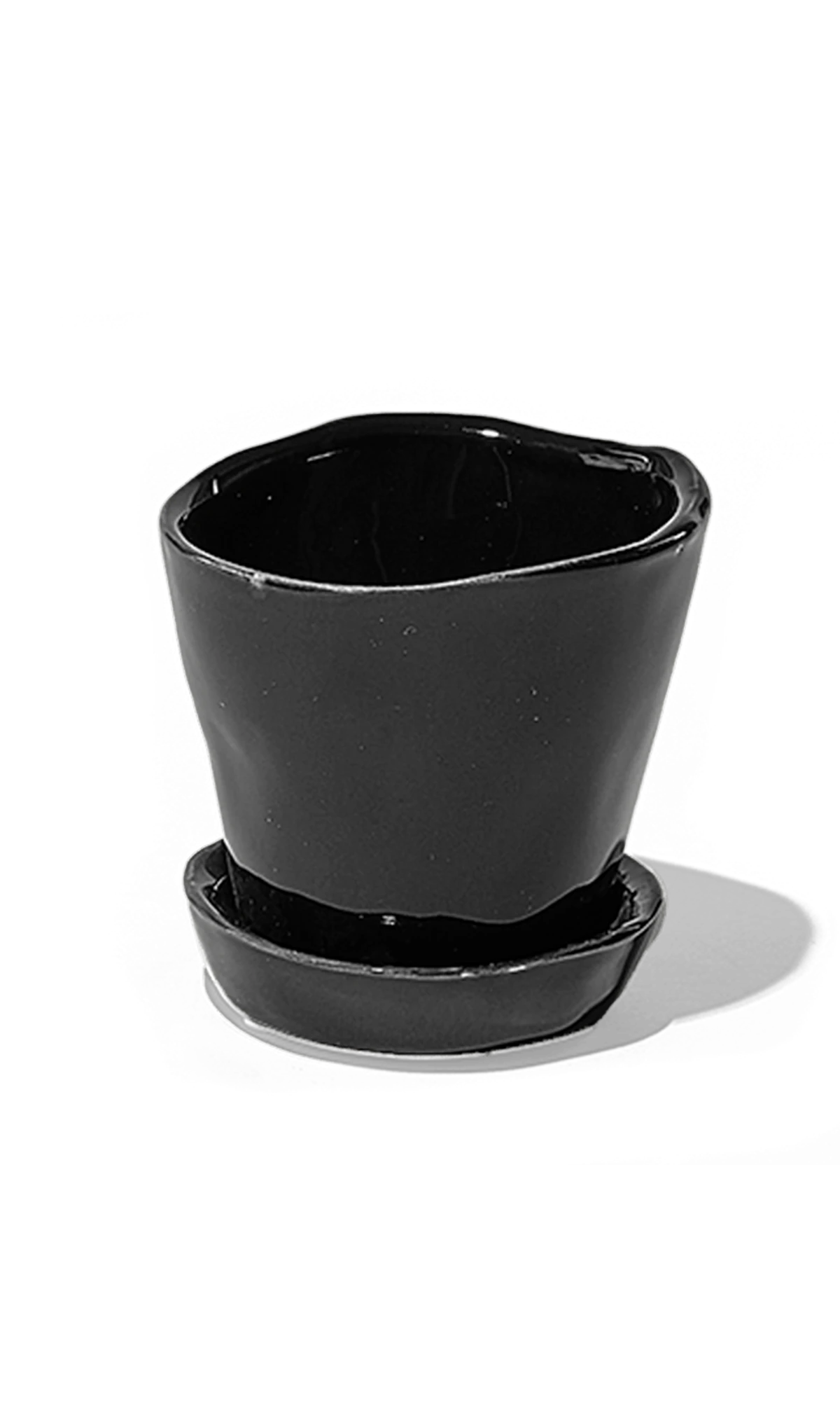 Chive Tika black glazed ceramic small plant pot with drainage hole and detachable saucer.