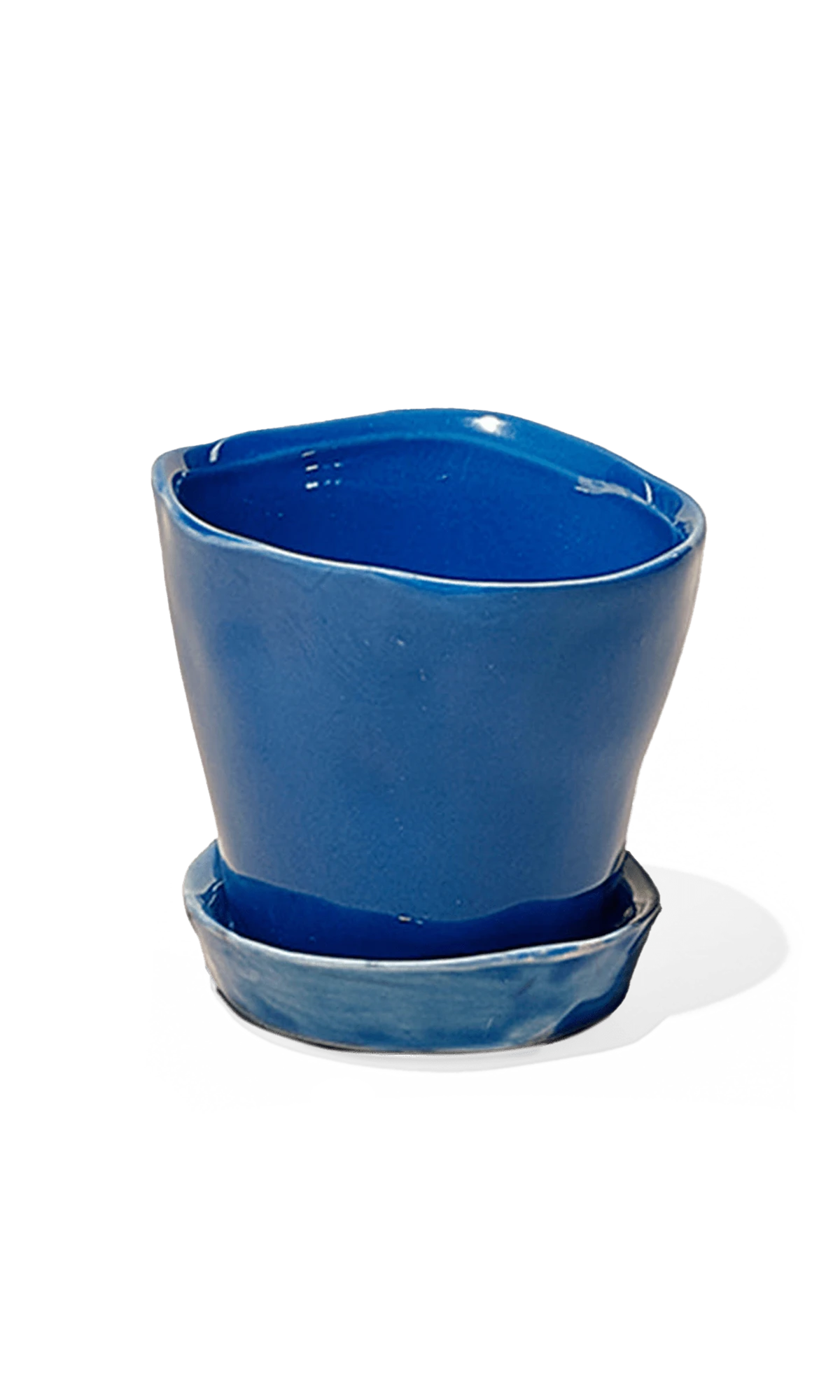 Chive Tika cobalt ceramic small plant pot with drainage hole and detachable saucer.