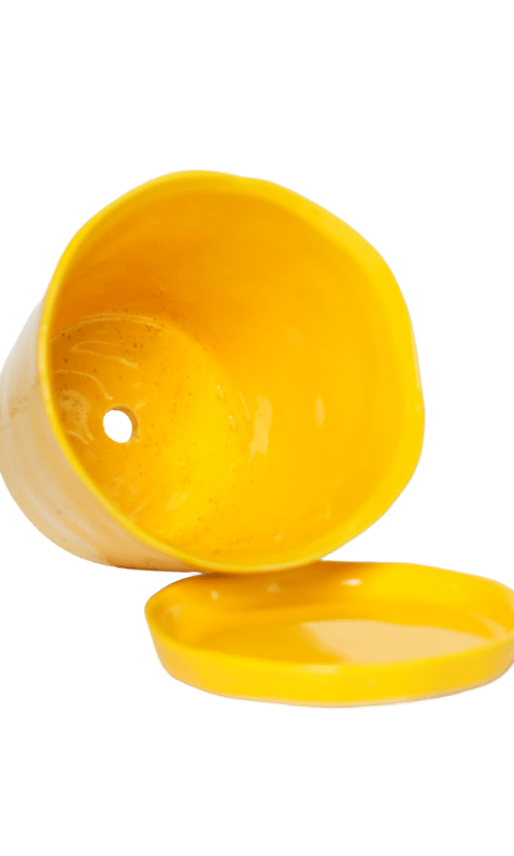 Close-up of the detachable saucer and drainage hole on a Chive Tika meadowlark yellow ceramic large pot.