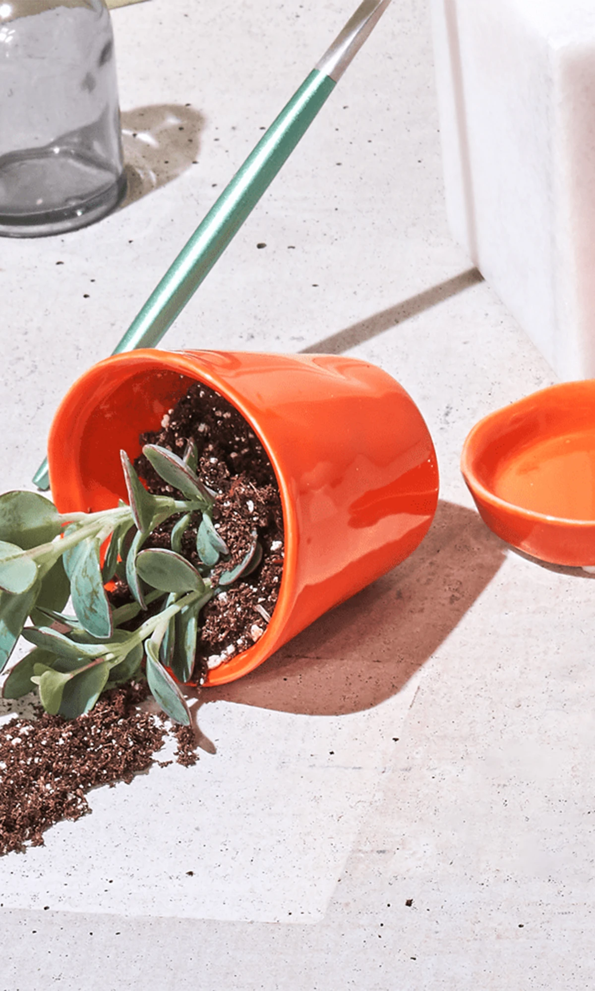 Chive Tika orange ceramic small planter tipped on its side with soil and a succulent spilling out on a stone surface.