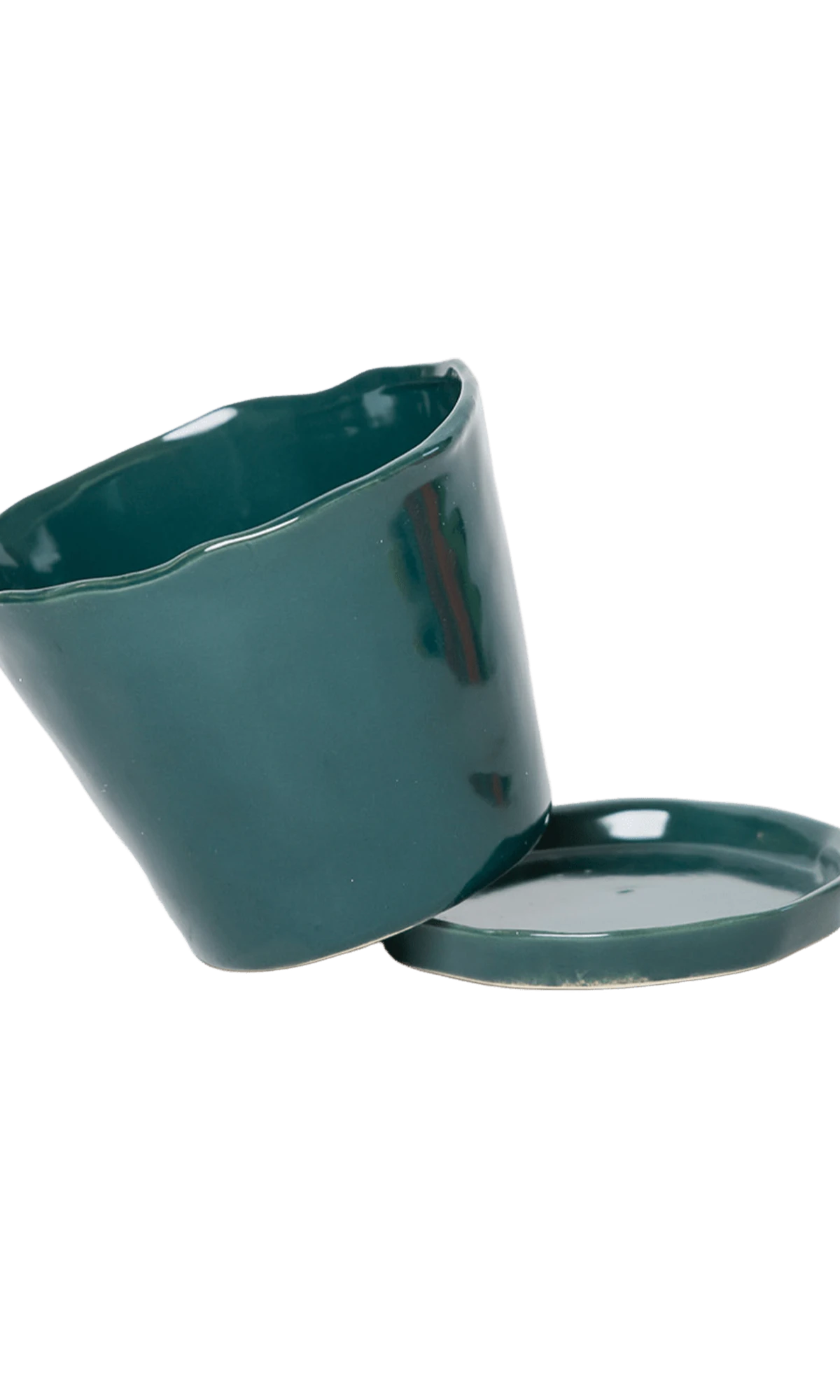 Close-up of the detachable saucer and drainage hole on a Chive Tika spruce ceramic medium pot.