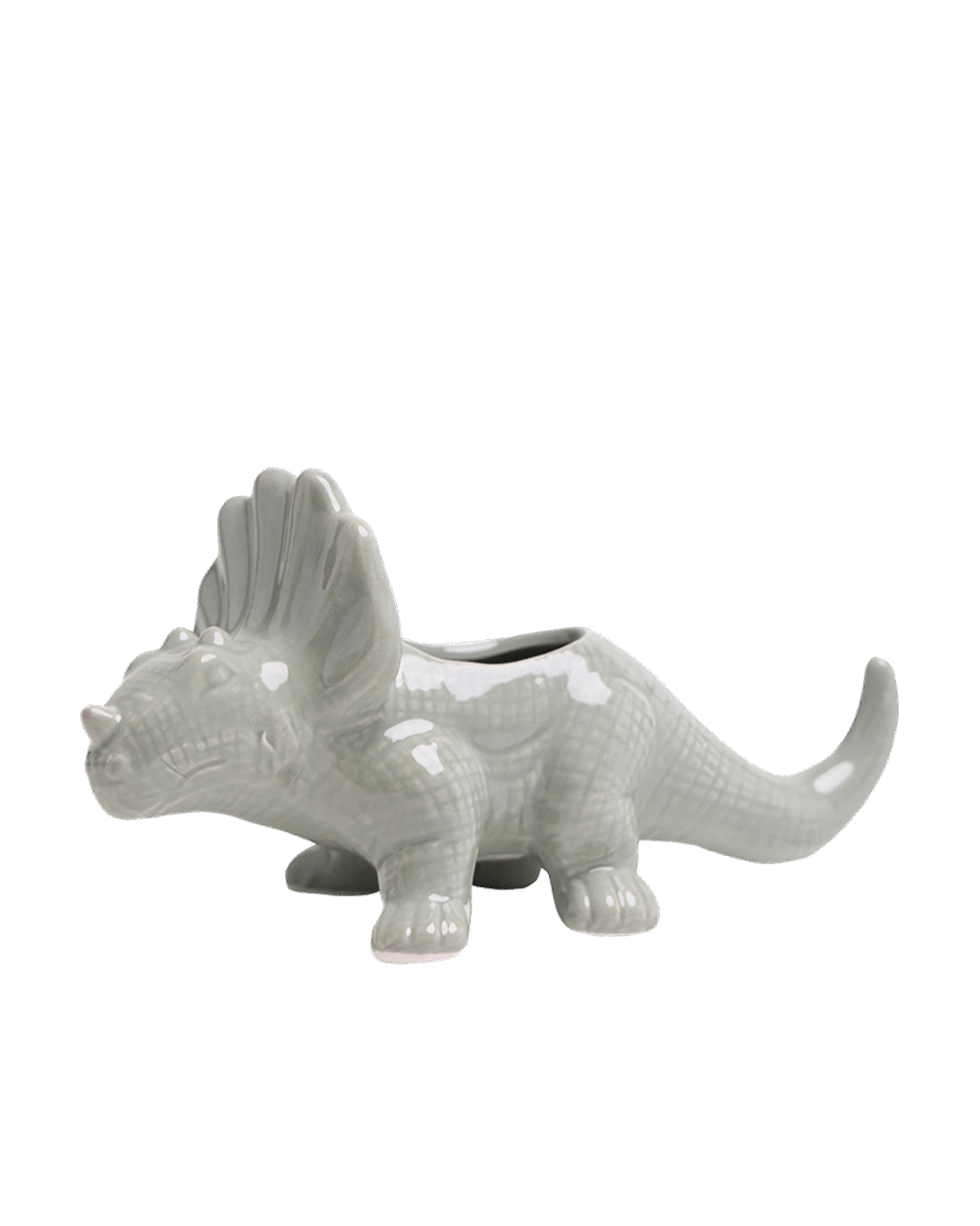 Chive Triceratops Almost Aqua color ceramic dinosaur shaped succulent planter with no drainage.