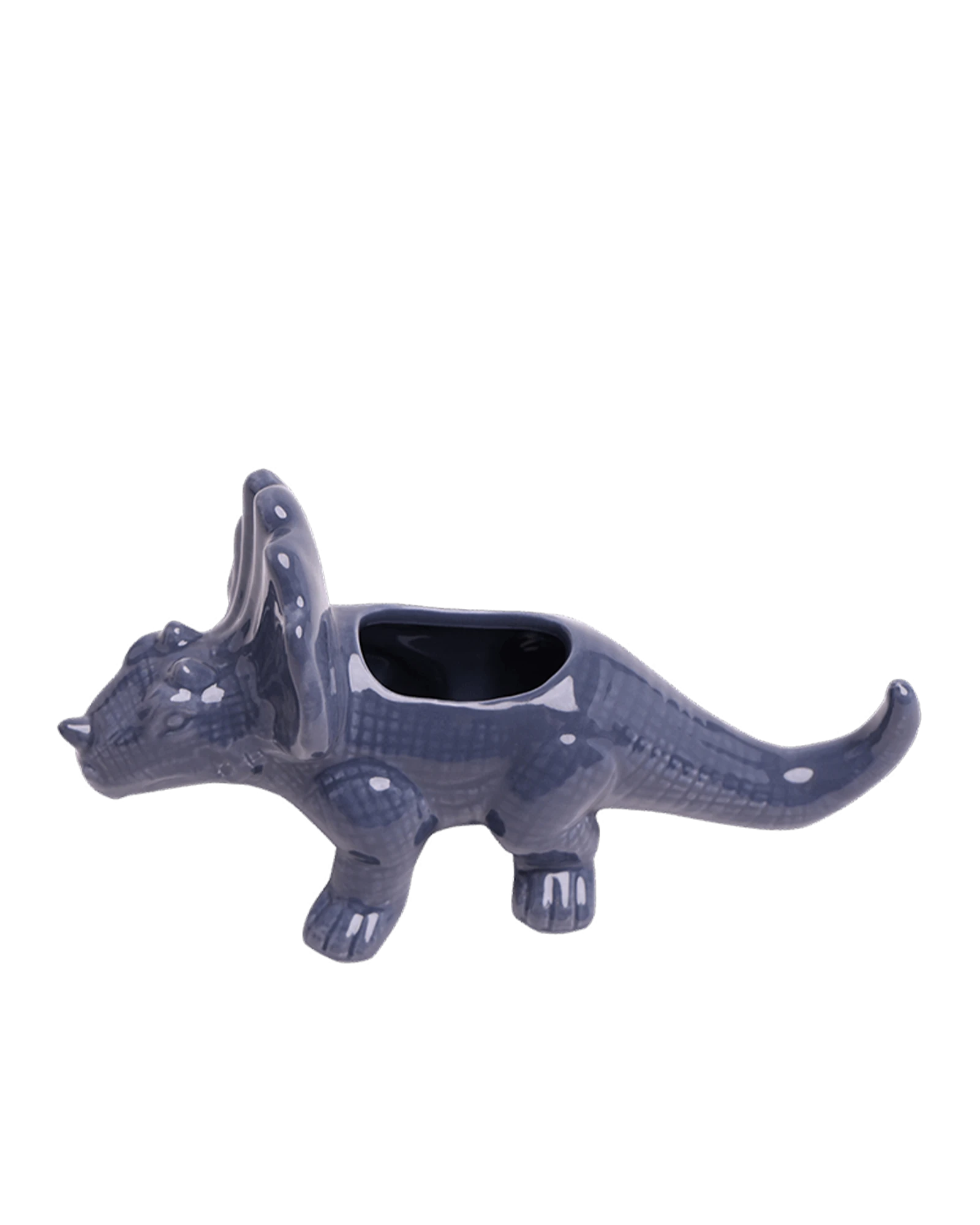 Chive Triceratops Blue Stone color ceramic dinosaur shaped succulent planter showing texture details.