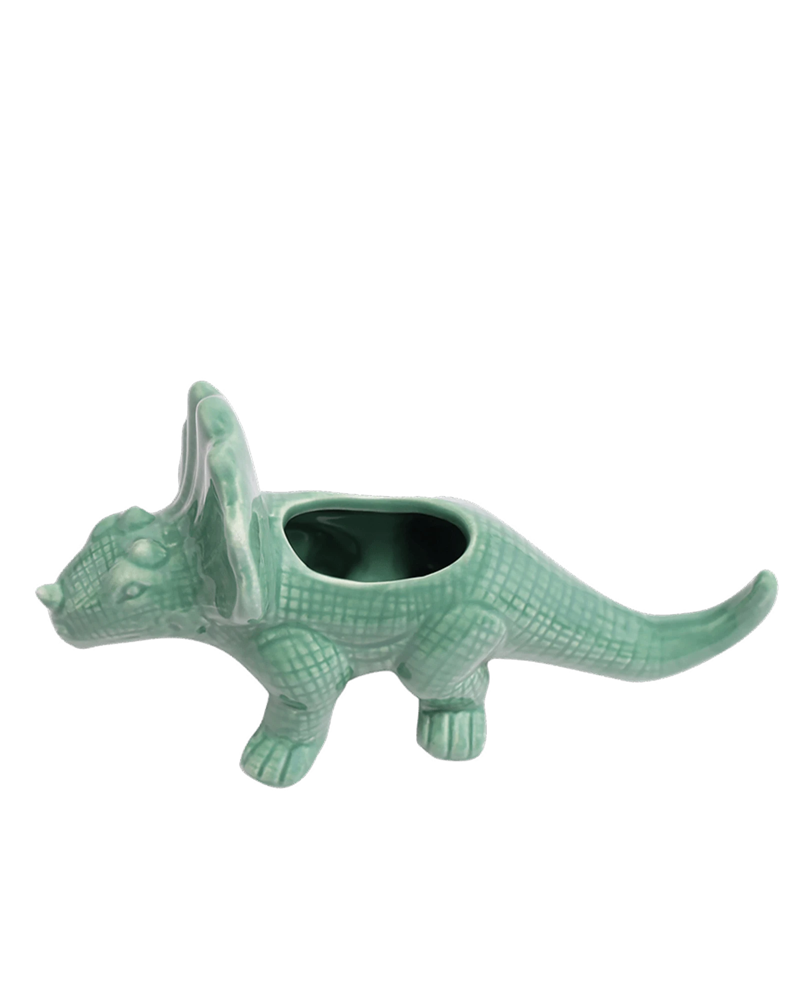 Chive Triceratops Cascade teal color ceramic dinosaur shaped succulent planter showing the texture details.
