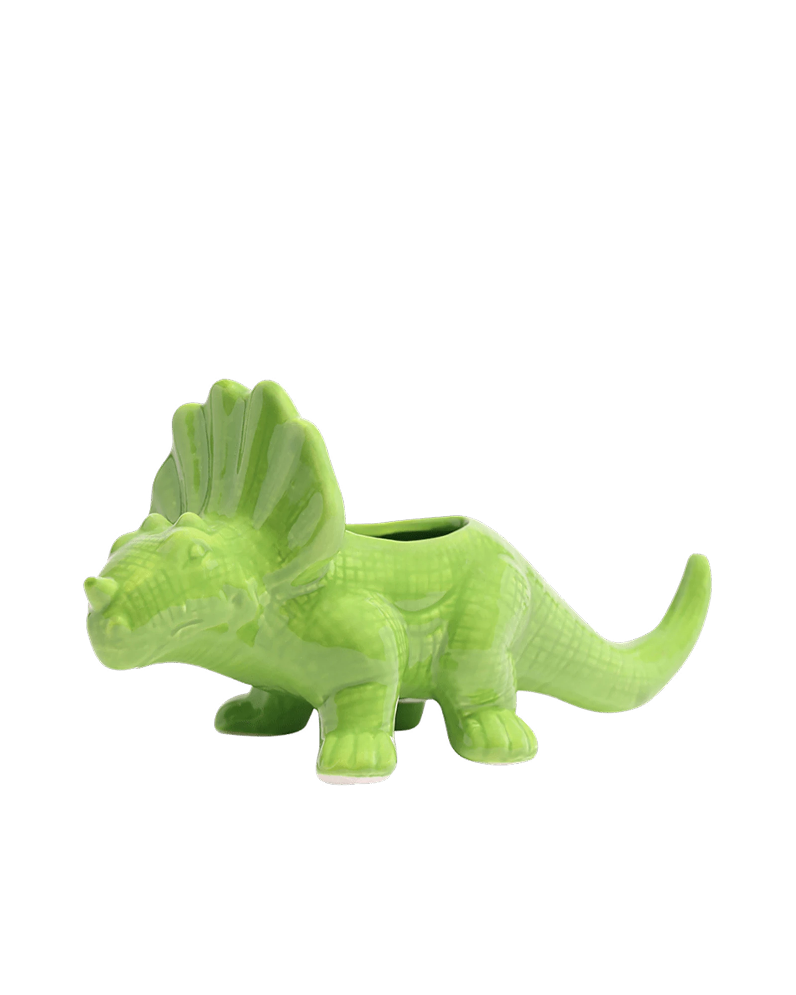 Chive Triceratops Fluorite Green color ceramic dinosaur shaped succulent planter with no drainage.